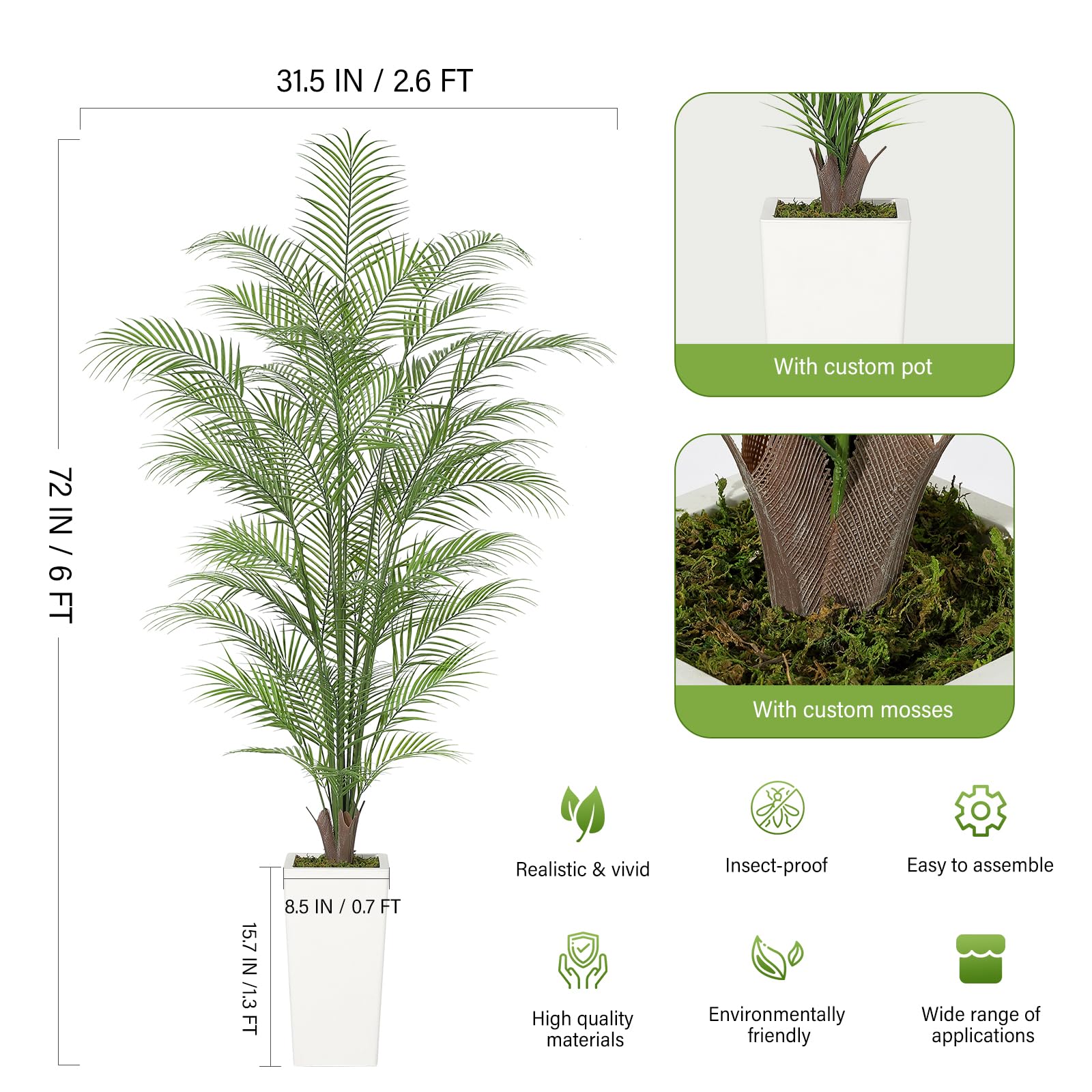 Palma Areca Garvee artificiale da 6 piedi con 44 foglie, impermeabile, vaso di cemento stabile per decorazione interna e stelle, verde