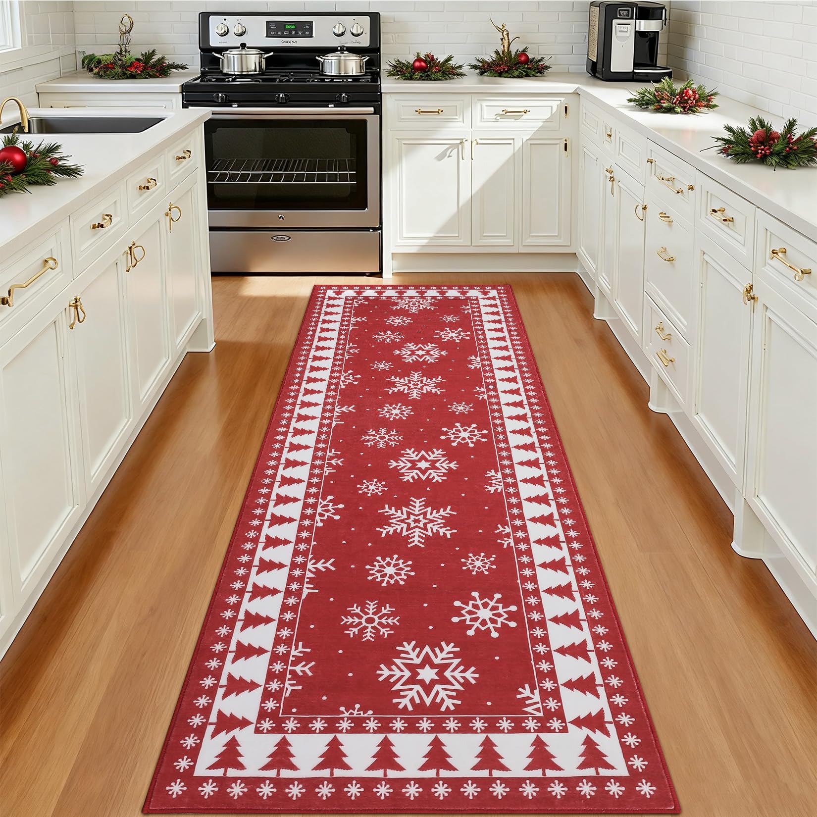 Garvee Romantic Christmas Runner con fiocchi di neve, antiscivolo, ultra morbido, microfibra, TPE antiscivolo, 60x180 cm, soggiorno e corridoio, lavabile