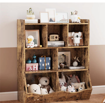 Mobiletto portagiochi rustico marrone Garvee con 3 ripiani, protezione antiribaltamento per camerette e sale giochi per bambini, in legno, robusto, sicuro per i bambini