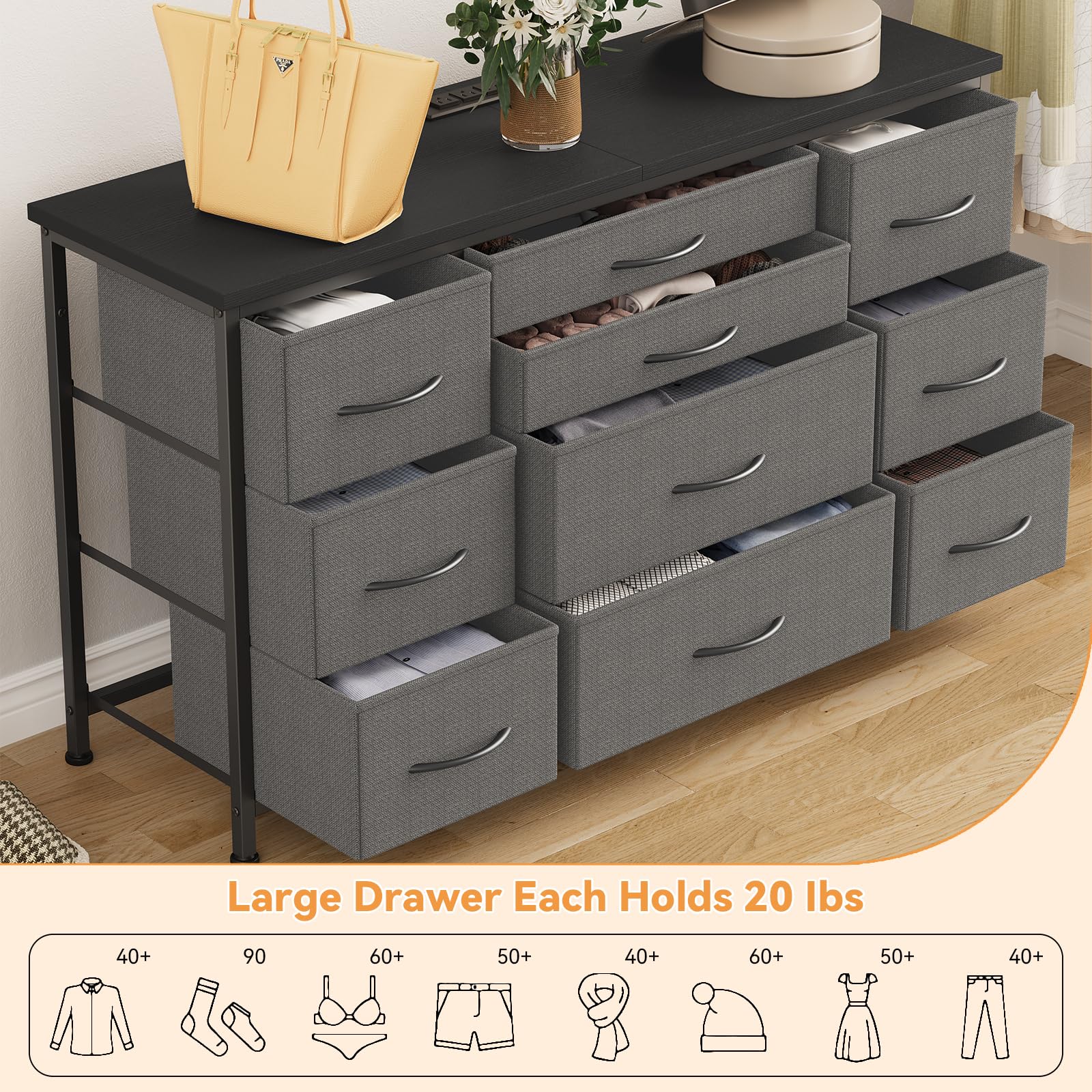 Cassettiera GARVEE con cassetti, credenza con 10 cassetti in tessuto e 3 prese di corrente, cassettiera per soggiorno, credenza per ingresso, mobile contenitore con rivestimento in tessuto, robusta struttura in metallo, piano in legno