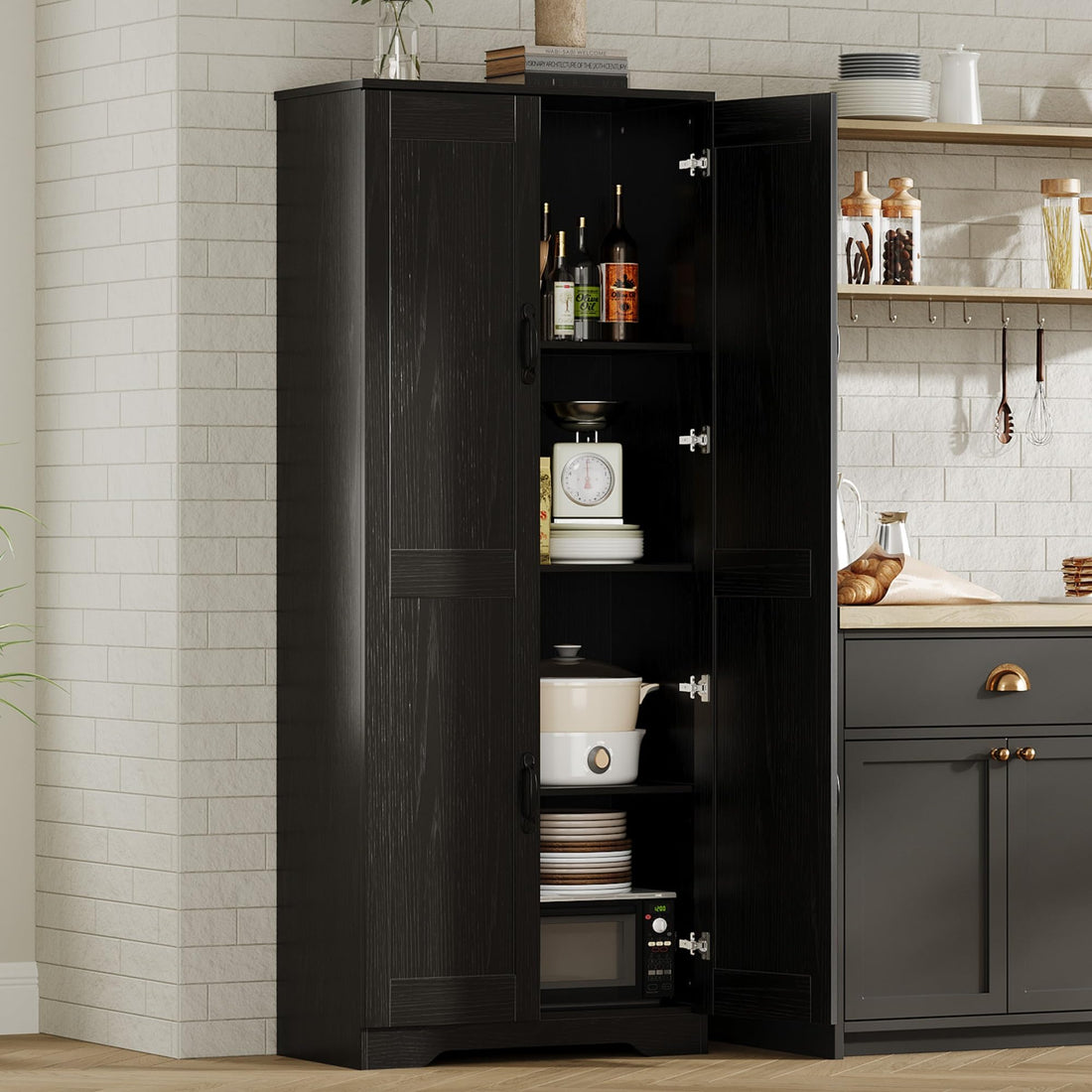 Mobile dispensa alto Garvee da 152.4 cm con 2 ante, ripiani regolabili, legno P2, maniglie in metallo, nero, per cucina e bagno, indipendente, 59.9 cm L x 30.2 cm P x 152.4 cm A