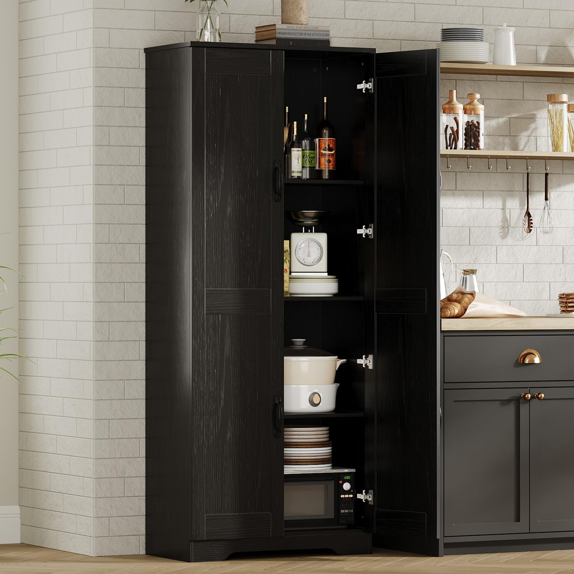 Mobile dispensa alto Garvee da 152.4 cm con 2 ante, ripiani regolabili, legno P2, maniglie in metallo, nero, per cucina e bagno, indipendente, 59.9 cm L x 30.2 cm P x 152.4 cm A