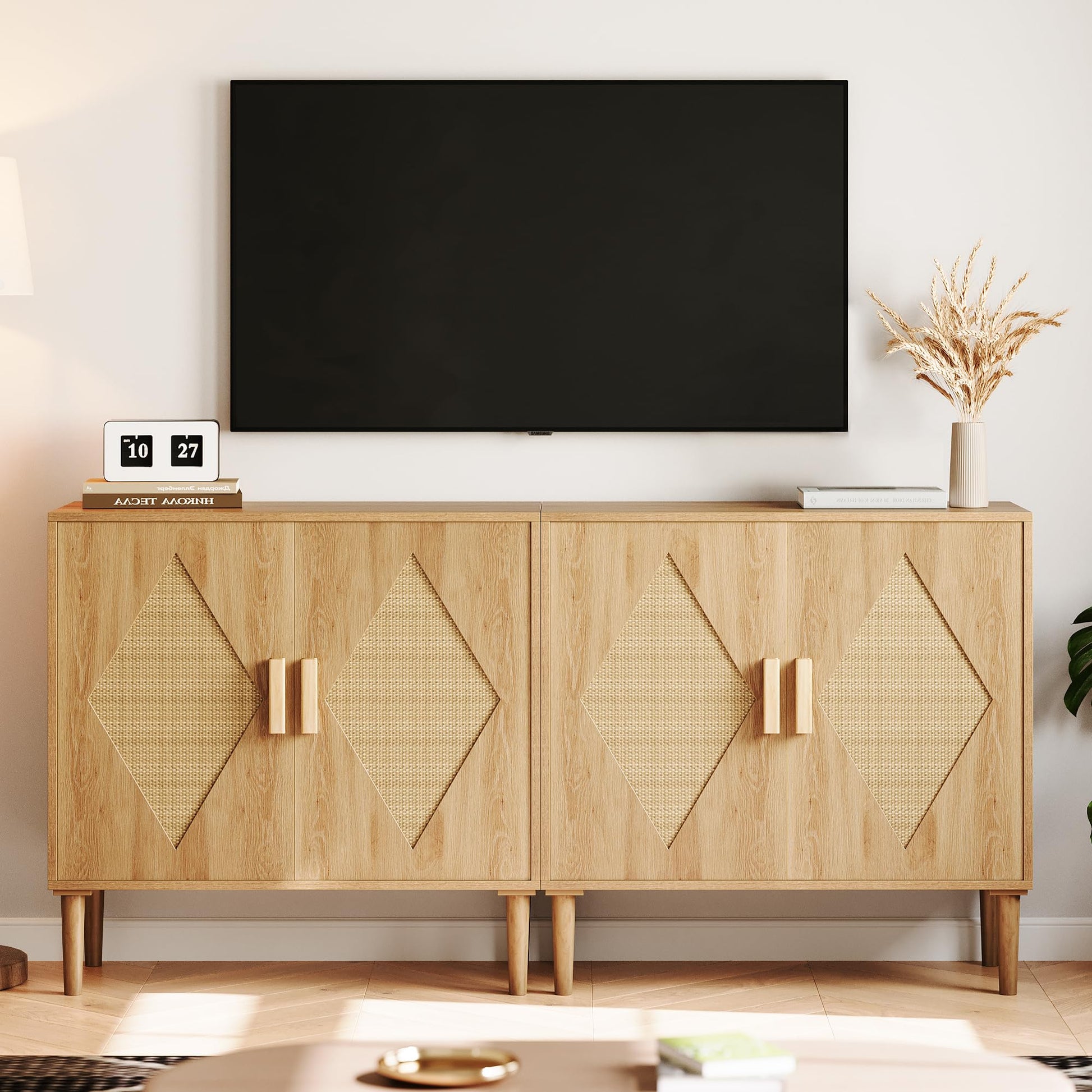 Garvee Buffet Cabinet Con 2 Decorazioni In Rattan, Mobile Contenitore In Legno Naturale Per Soggiorno E Sala Da Pranzo, Naturale