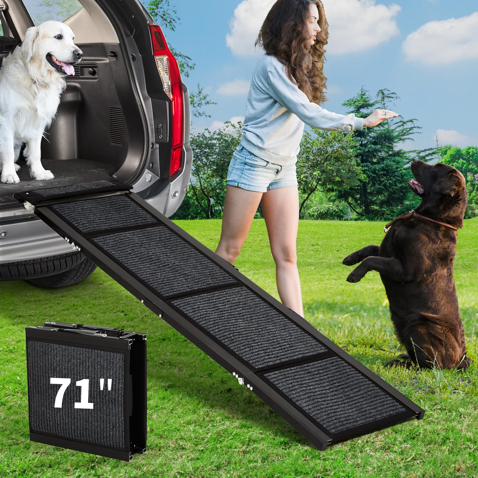 Rampa per cani Garvee per auto, 71''x17'' extra lunga, pieghevole, antiscivolo, in alluminio, leggera, portatile, capacità di 250 libbre, per cani di grossa taglia, viaggi all'aperto