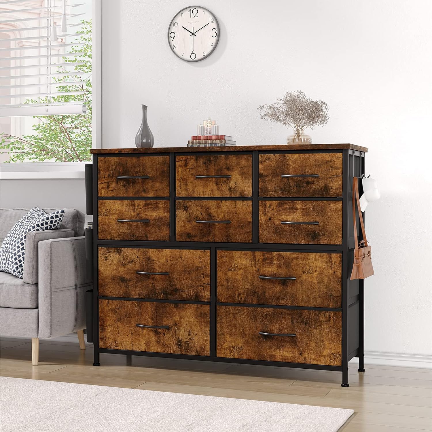 Cassettiera GARVEE per camera da letto, mobiletto portaoggetti in tessuto con struttura in metallo, cassettiera moderna decorativa in legno con 10 cassetti per camera da letto, corridoio, marrone