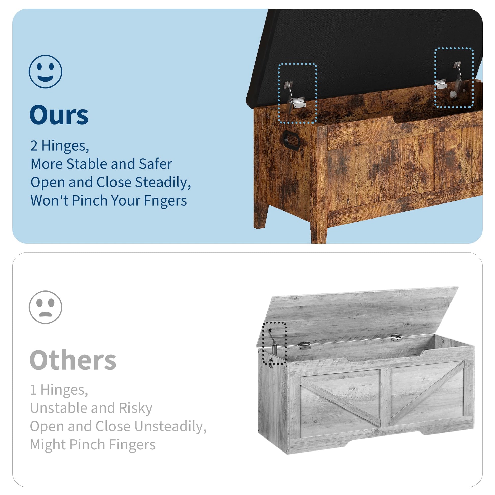 Panca contenitore Garvee in legno con cerniere di sicurezza, seduta imbottita, maniglie ergonomiche per soggiorno e camera da letto, 39,4" marrone