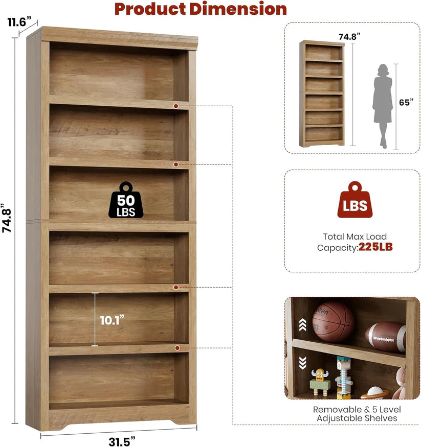 Garvee Libreria Rustica Alta 75" (190 cm), 2-6 Ripiani Regolabili, MDF Robusto, Anti-Ribaltamento, Uso Soggiorno e Ufficio, Elegante Neutro