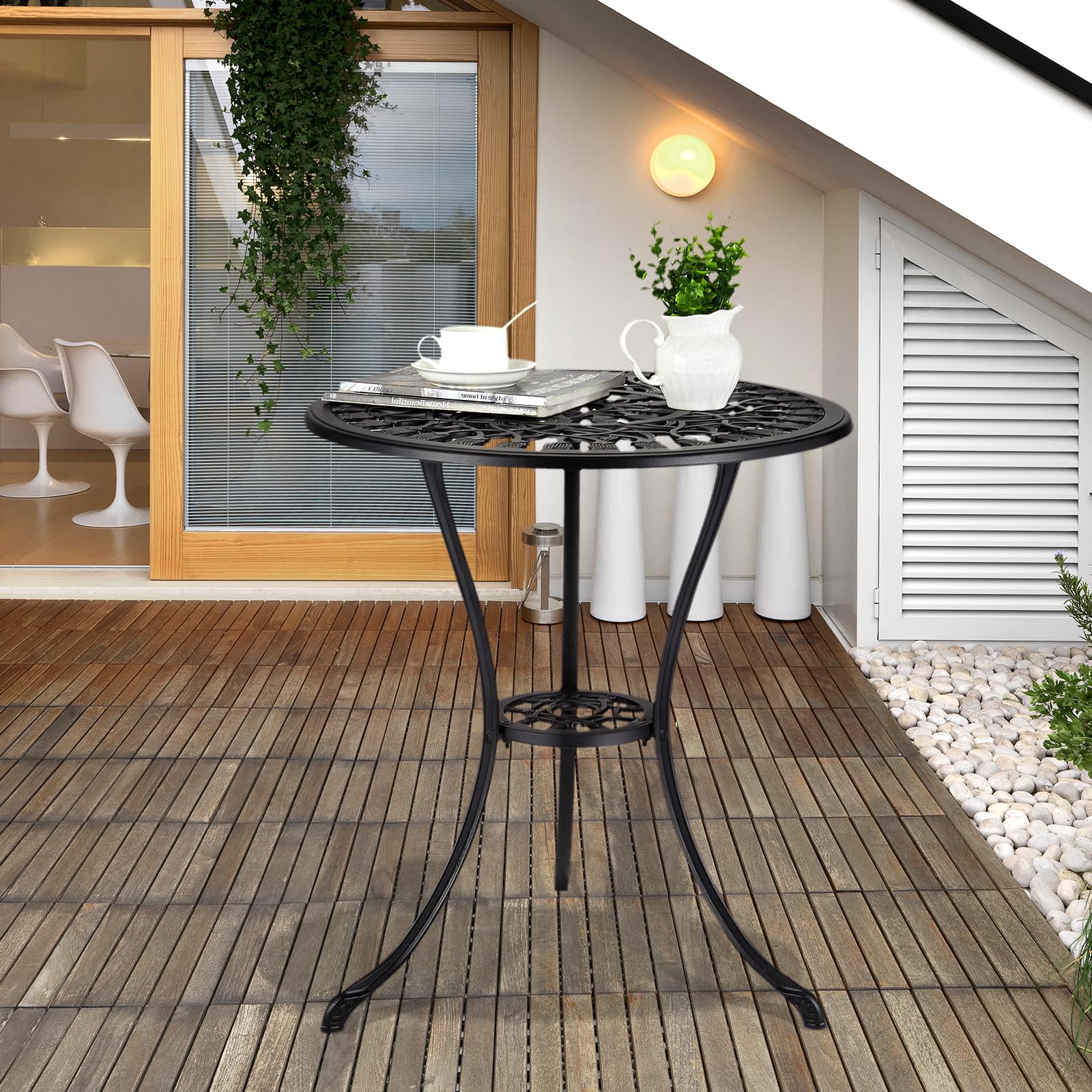 Tavolo da bistrot da esterno Garvee da 24" in ghisa rotonda con foro per ombrellone da 2" per balcone e giardino, nero