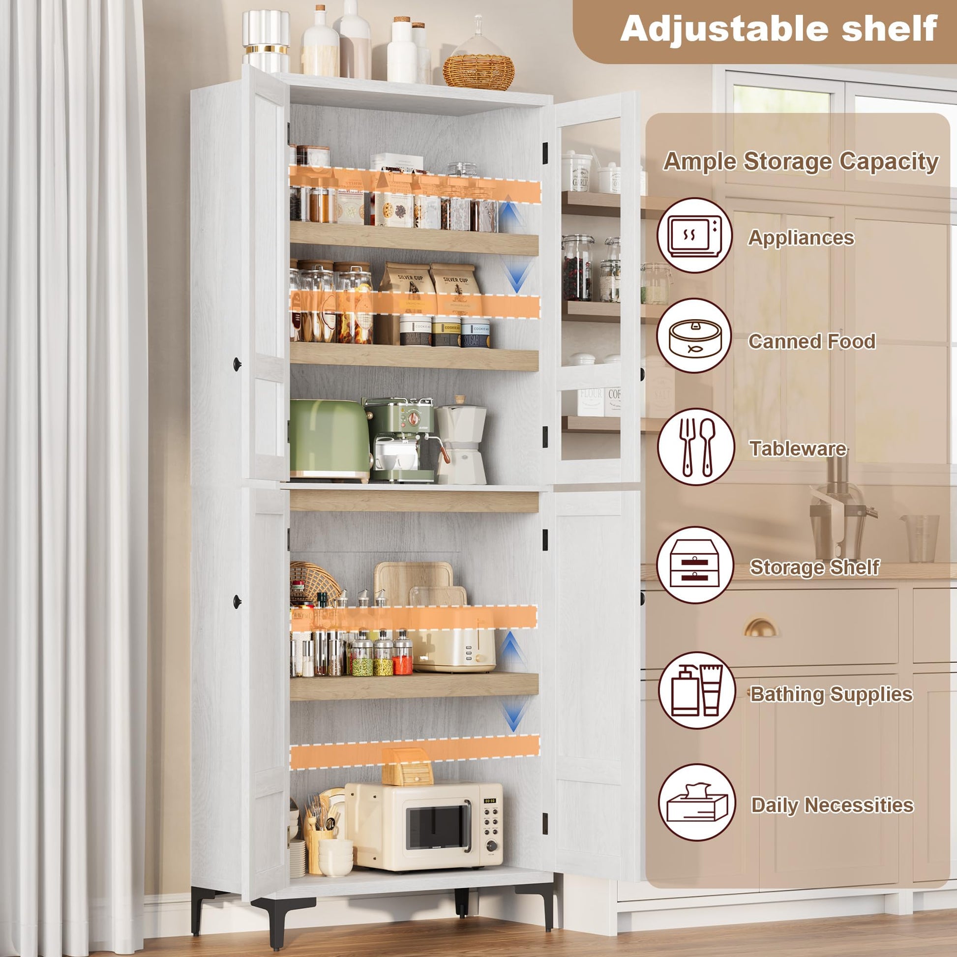 Mobile dispensa da cucina Garvee alto 180 cm con ante in vetro, 4 ante, 5 ripiani regolabili, in legno, per cucina e bagno, chiusura magnetica, indipendente, design moderno