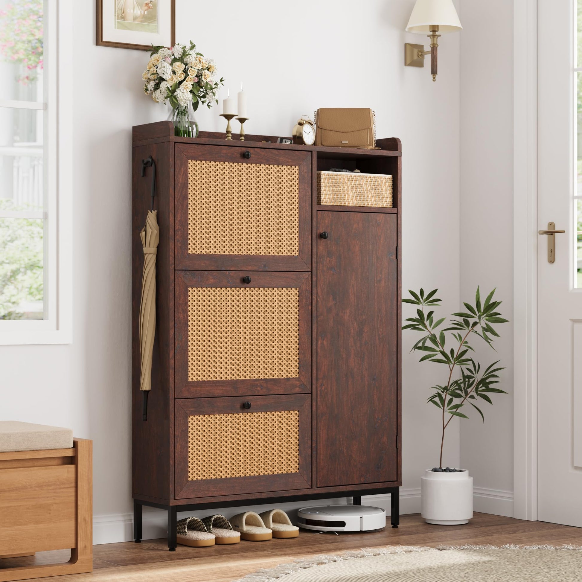 Scarpiera Garvee in rattan con 3 cassetti a scomparsa, ripiani regolabili, MDF, gambe in metallo, per corridoio e ingresso, grande, colore naturale