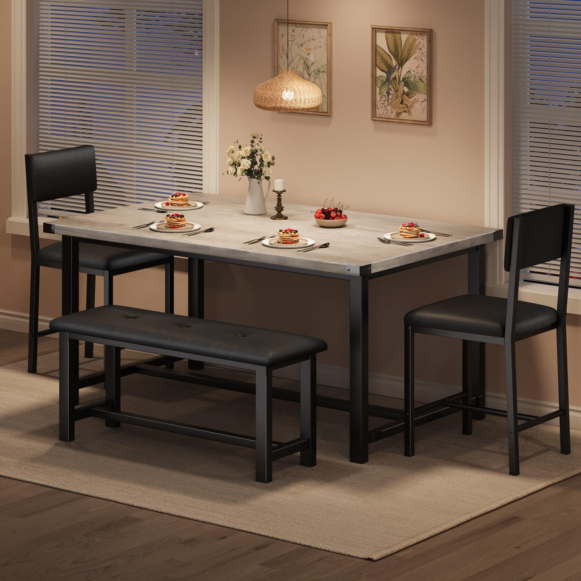Set da pranzo Garvee per 4 persone con tavolo, seduta imbottite e panca, legno MDF, robusto, salvaspazio, facile da pulire, piccoli appartamenti