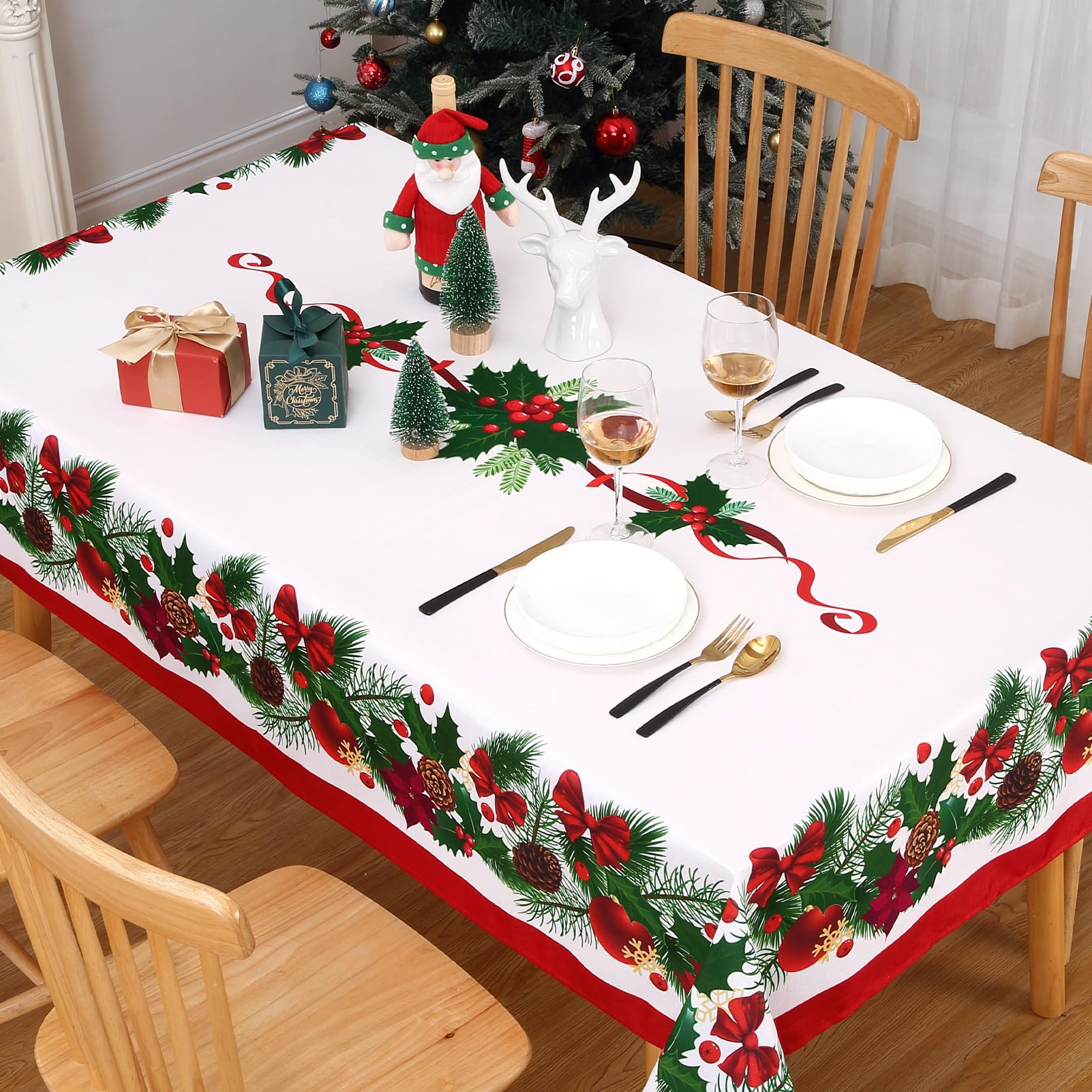 Tovaglia natalizia Garvee Nappe De Noël, rettangolare, 137x200 cm, bianca, festosa con fiocchi, per decorazioni natalizie