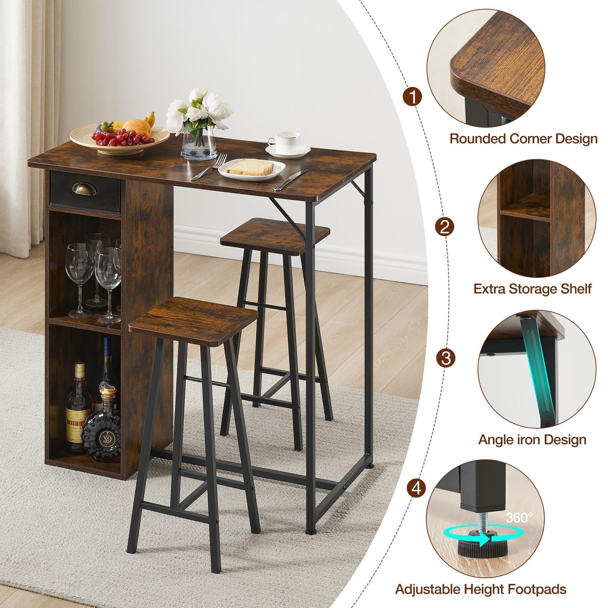 Set tavolo e sedie da bar Garvee con triplo spazio di archiviazione, set da bistrot per 2 persone, robusta struttura in ferro, piano in MDF, cuscini ergonomici, compatto per cucina e bistrot