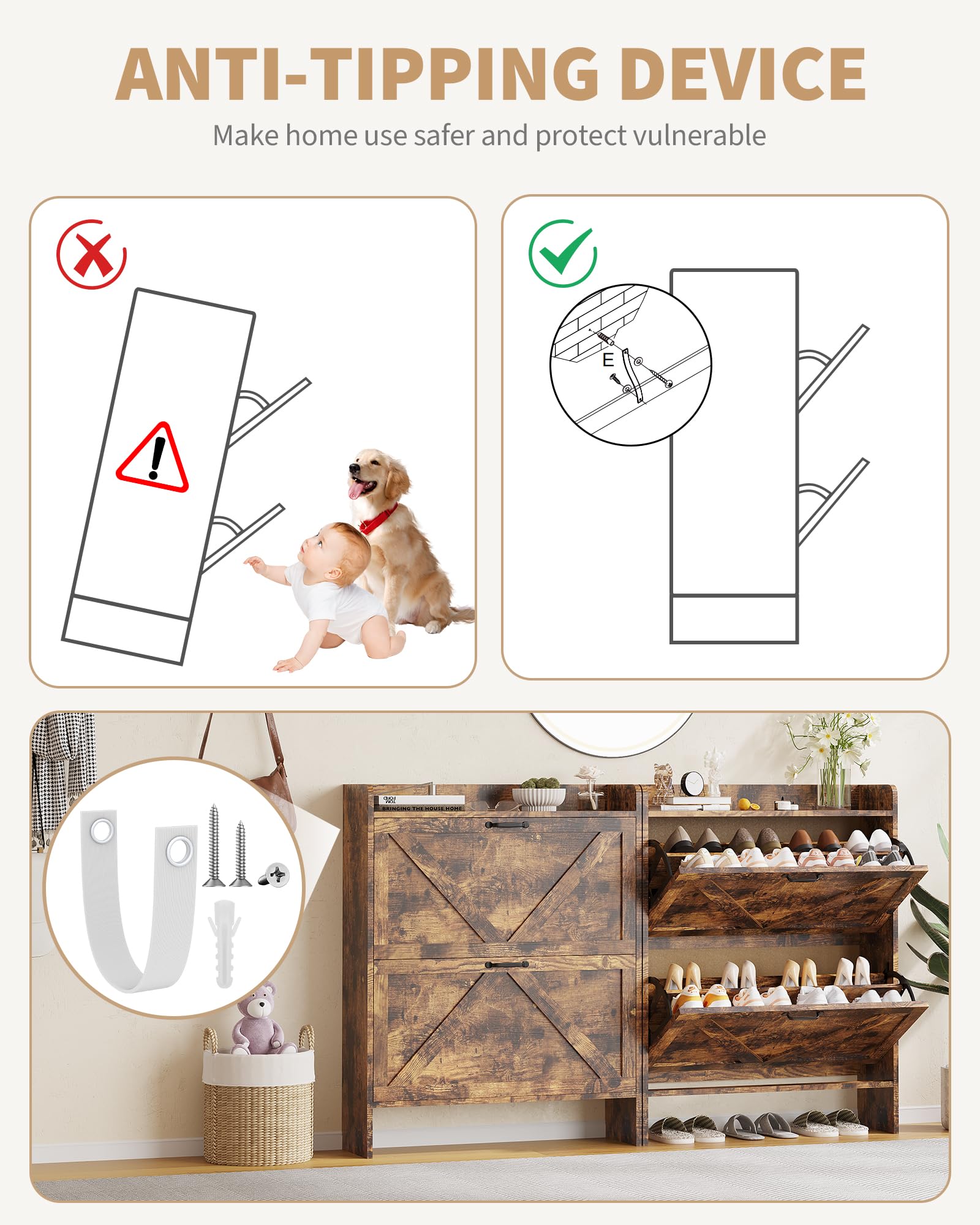 Garvee Scarpiera con 2 cassetti pieghevoli, scarpiera rustica marrone in stile fattoria per corridoio e ingresso, salvaspazio