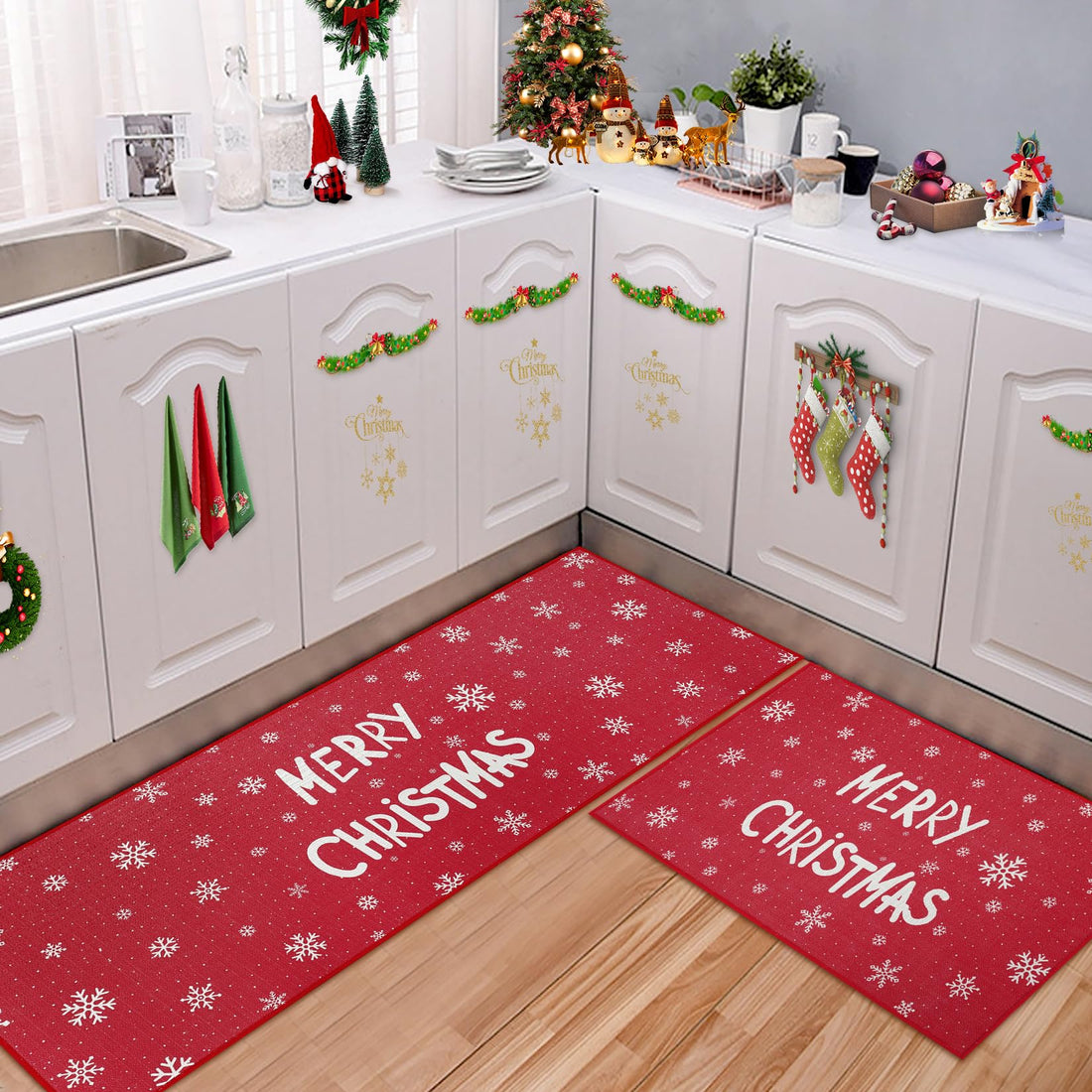 Garvee Set 2 Tappeti Natalizi Cucina Antiscivolo Lavabile Poliestere Rosso 40x60cm 40x120cm
