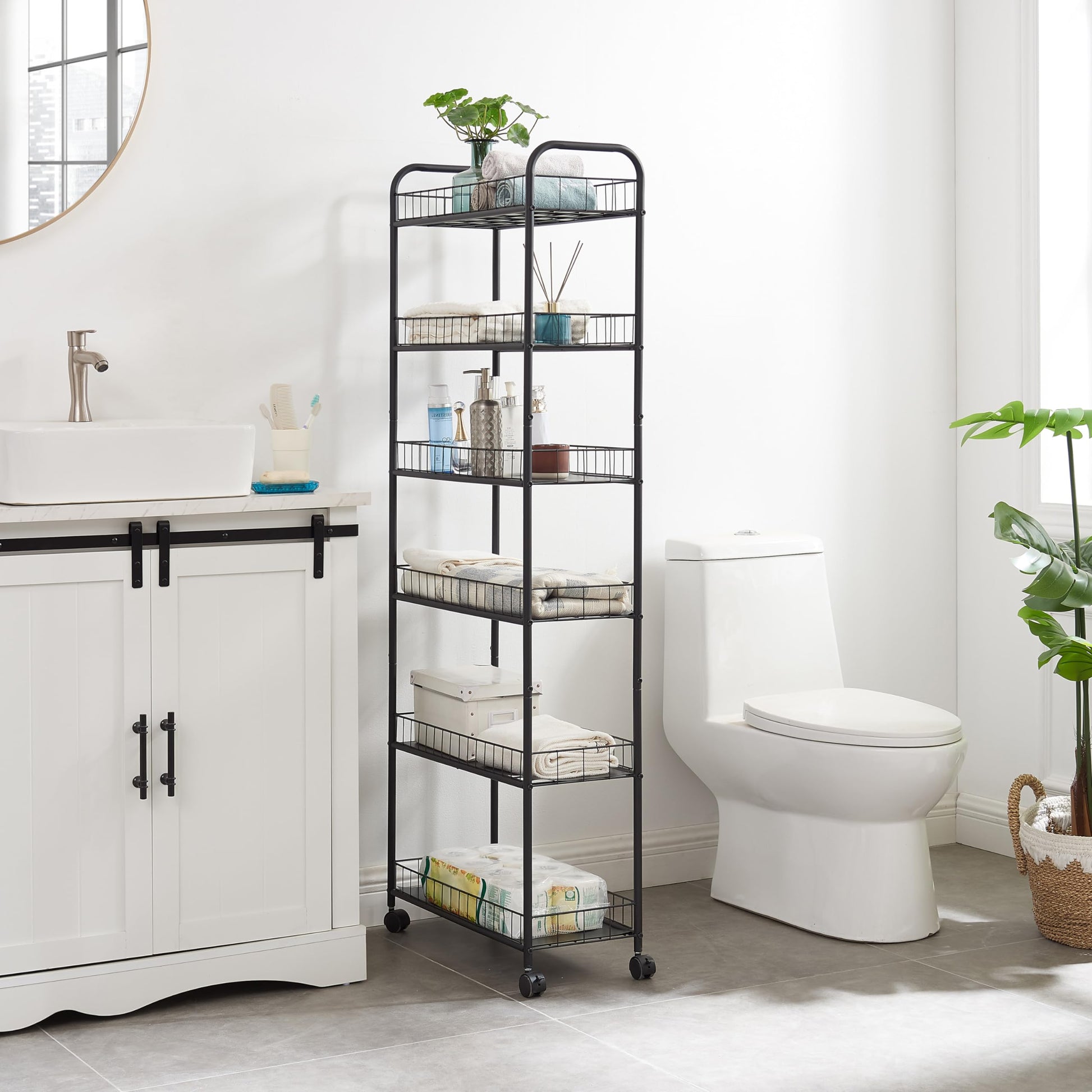 Scaffale alto Garvee con 6 ripiani e ruote per cucina, bagno, magazzino, cantina, garage, lavanderia, 25x58x155 cm, nero, salvaspazio