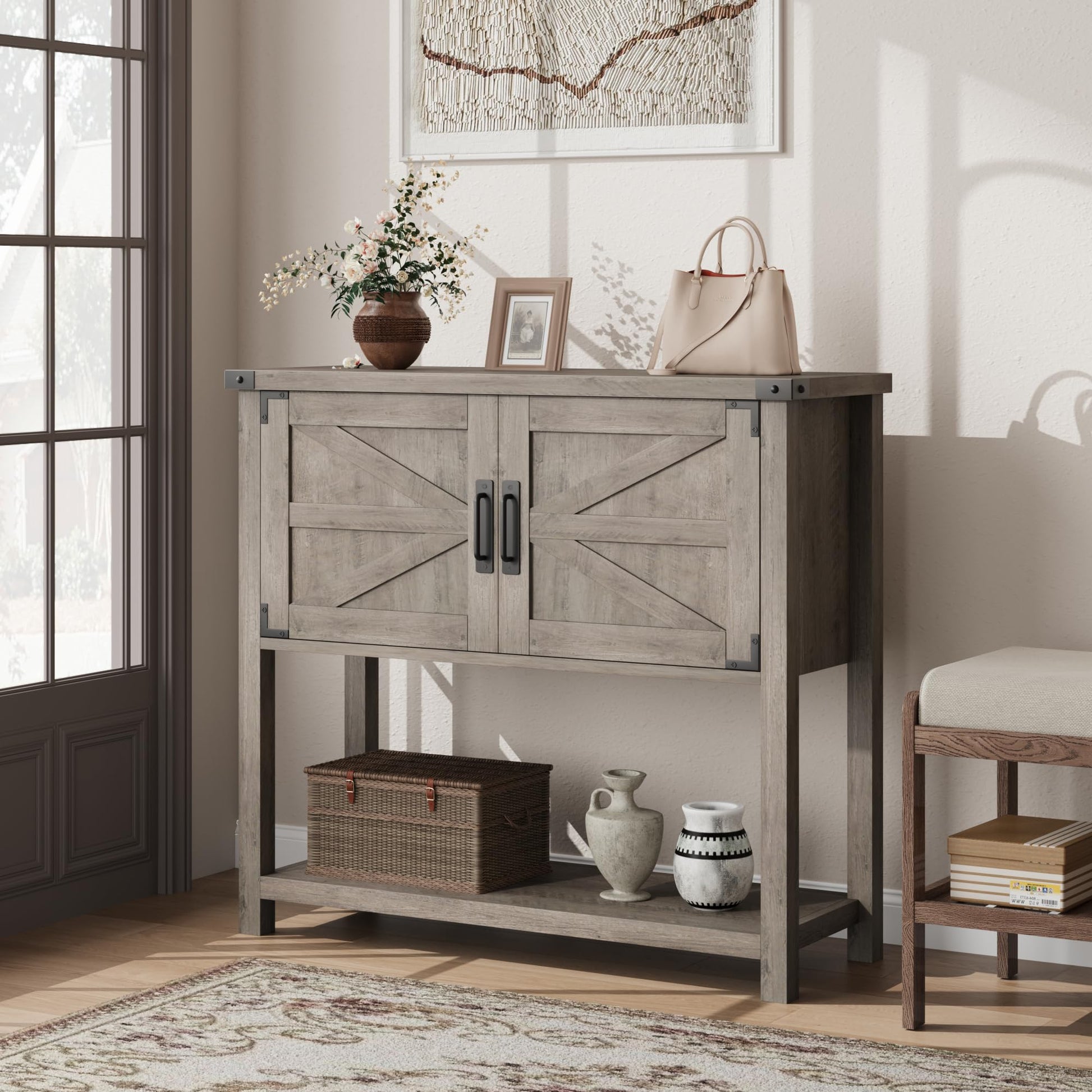 Tavolo consolle in legno Garvee Farmhouse con 2 ante per cucina e corridoio, 80x30x90 cm, grigio, robusto e multifunzionale