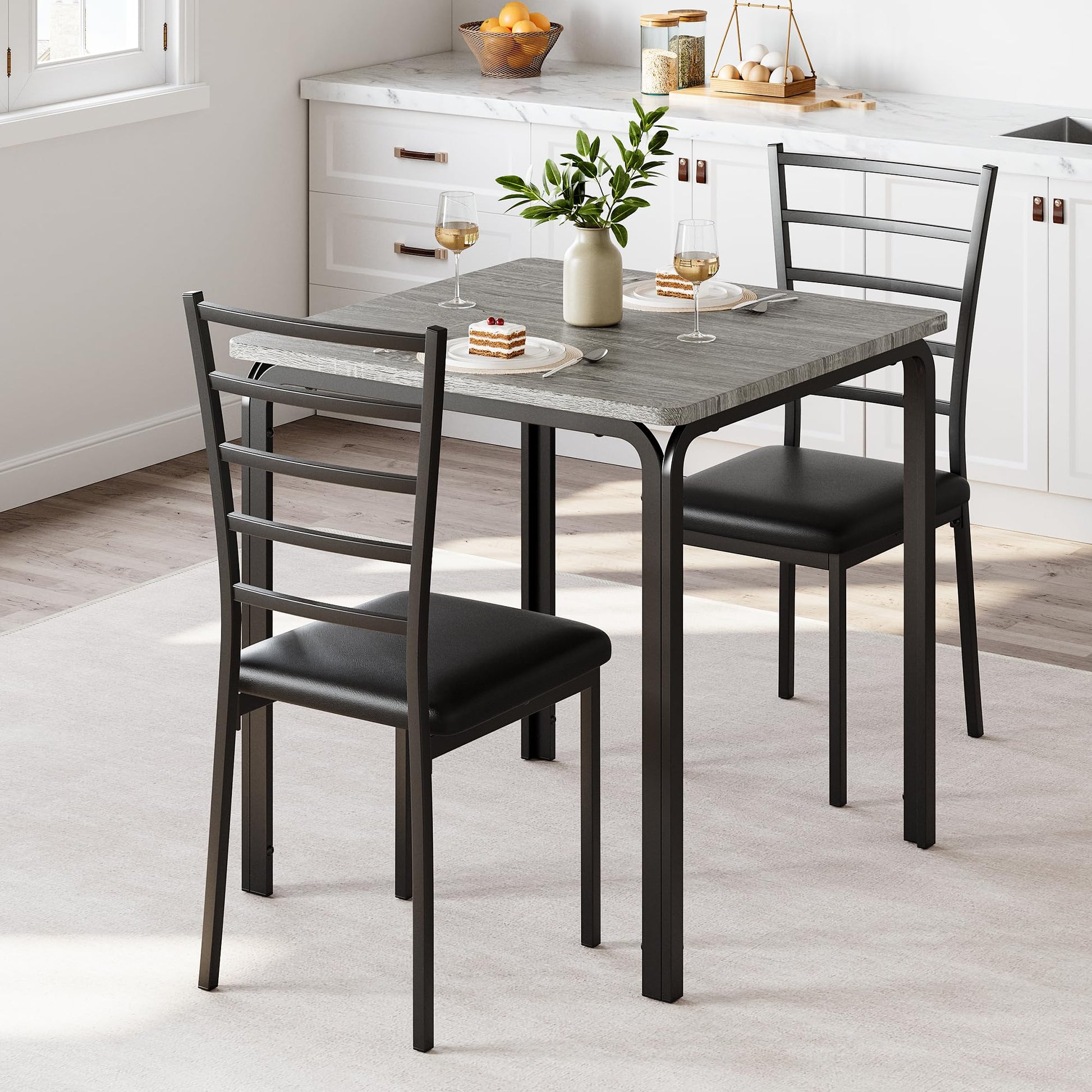 Set da pranzo Garvee da 3 pezzi con 2 sedie imbottite per piccoli spazi, cucina e ufficio, tavolo da cucina quadrato in rovere, robusto e salvaspazio