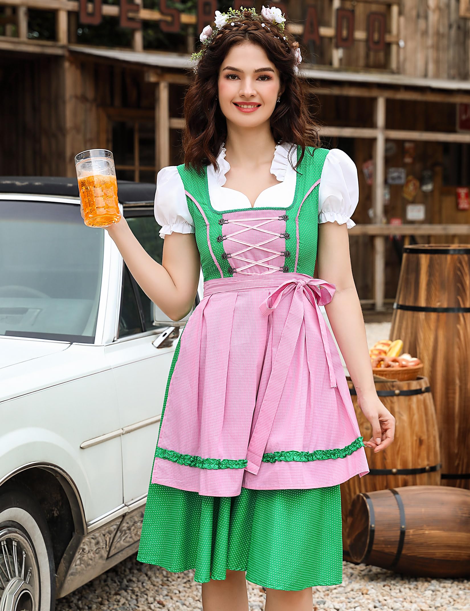 Garvee - Completo da donna in stile Dirndl midi, 2 pezzi, con abito e grembiule Dirndl per l'Oktoberfest, taglie 34-48, confezione riutilizzabile