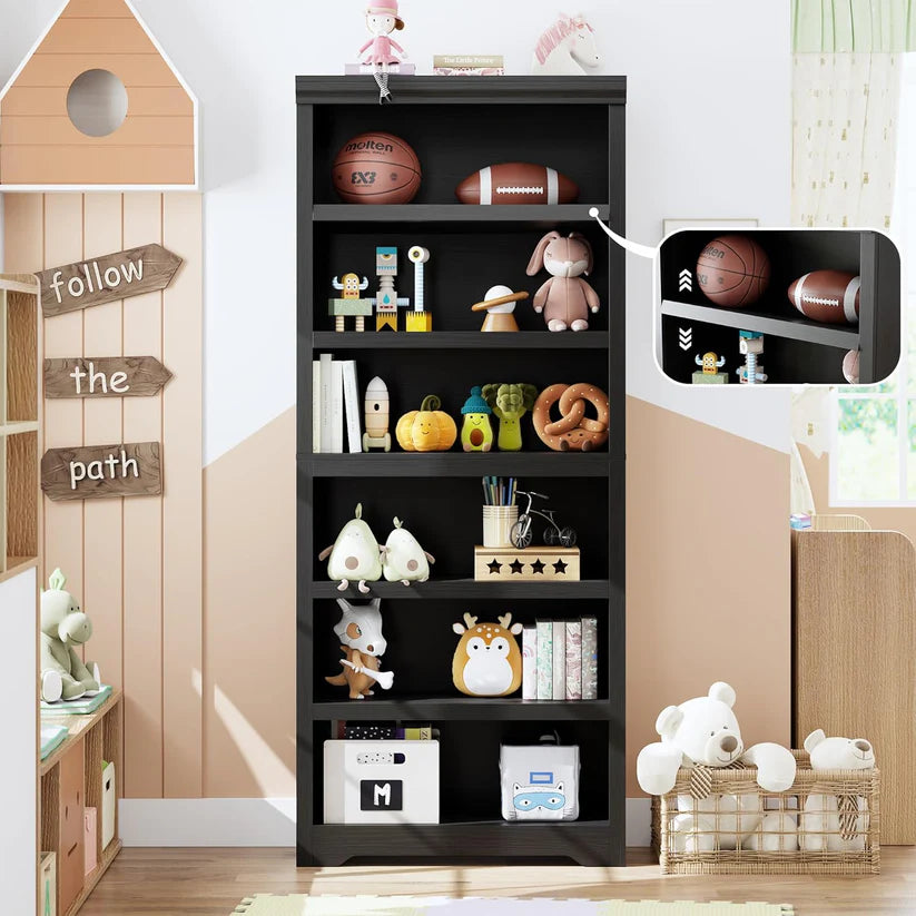 Garvee Libreria 6 Ripiani Alta 191 cm, Scaffale Regolabile, MDF Nero, Stile Rustico per Soggiorno e Studio