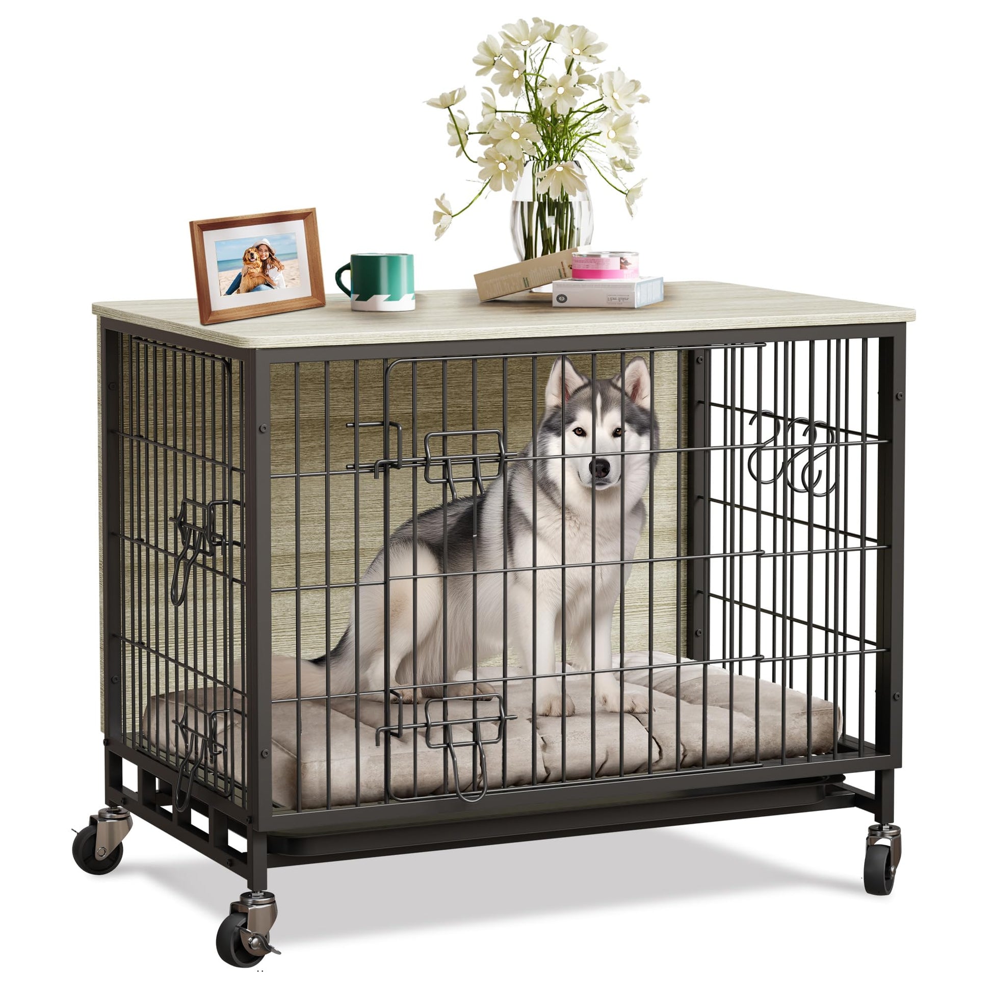 Garvee Dog Crate Furniture 27,2" in legno con ruote e doppie porte per cani di piccola e media taglia, per interni, grigio rustico