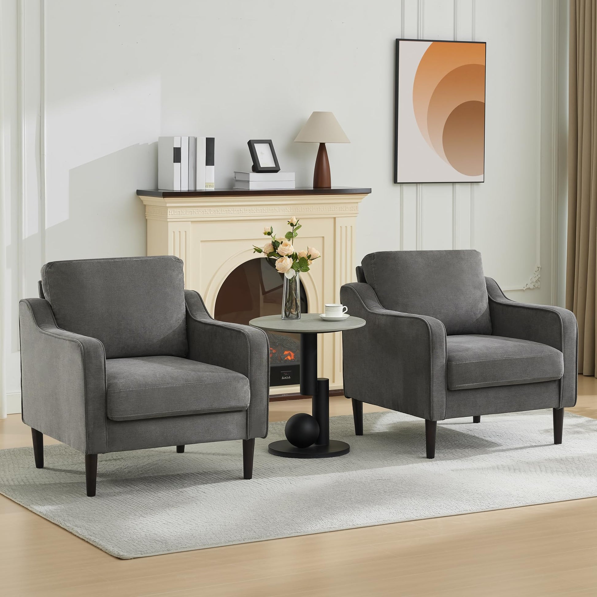 Poltrona Garvee Mid-Century con tessuto di lino e gambe in legno per soggiorno e ufficio, 30"L x 32"A, beige