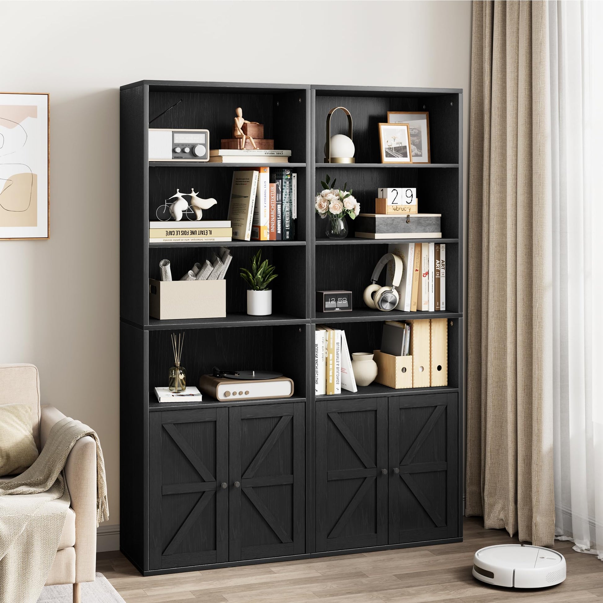 Libreria Garvee con ante, stile industriale, 6 ripiani, stile fattoria, contenitore in legno, profondità 11,8 pollici, altezza 71,4 pollici, bianco, per soggiorno, ufficio, camera da letto