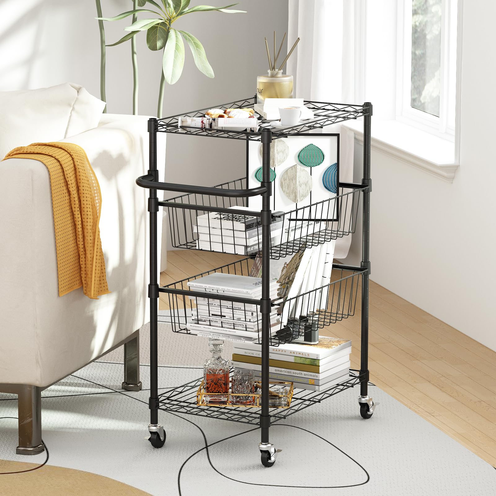 Carrello da cucina in metallo Garvee a 4 ripiani con maniglia, capacità di carico 110 libbre, ripiani in filo metallico aperto, 2 ruote bloccabili, utilizzo versatile, metallo, argento