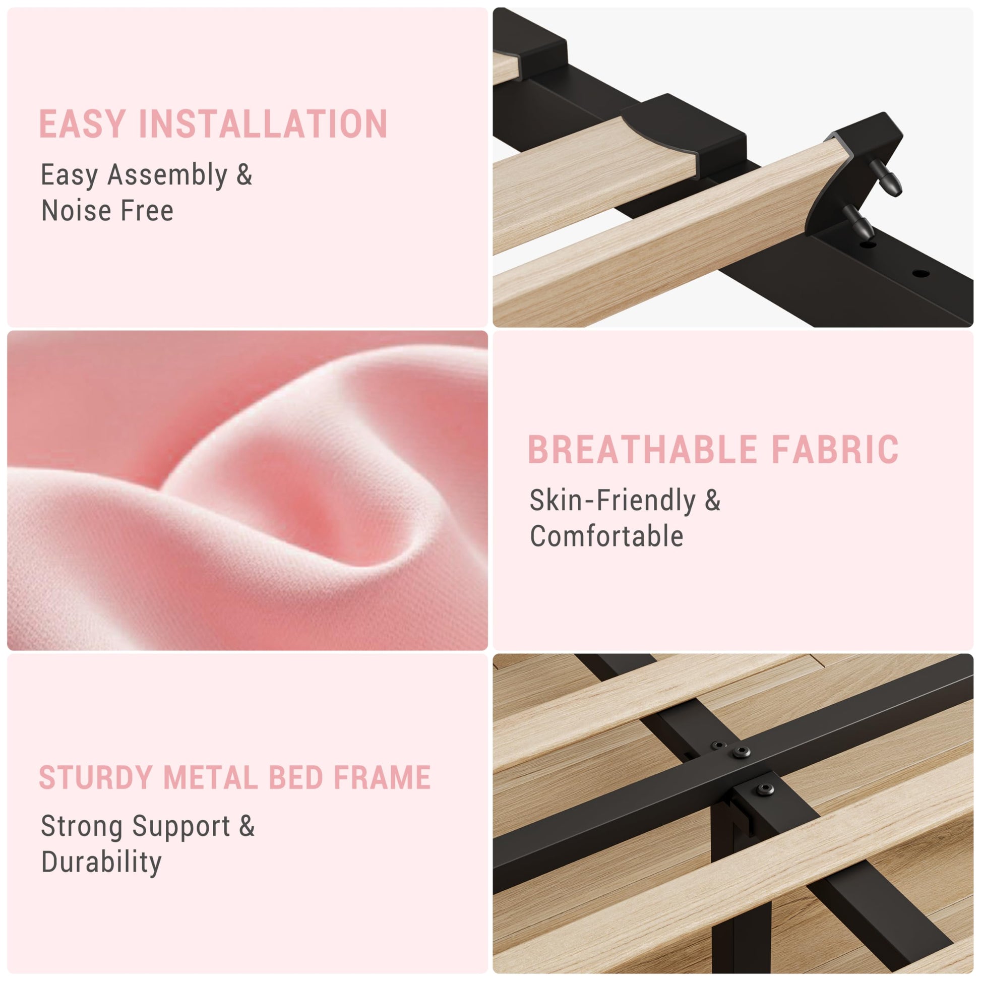 Struttura letto regolabile in velluto Garvee con testiera imbottita, robusta struttura in acciaio e legno, lino rosa, singolo, comfort per la camera da letto