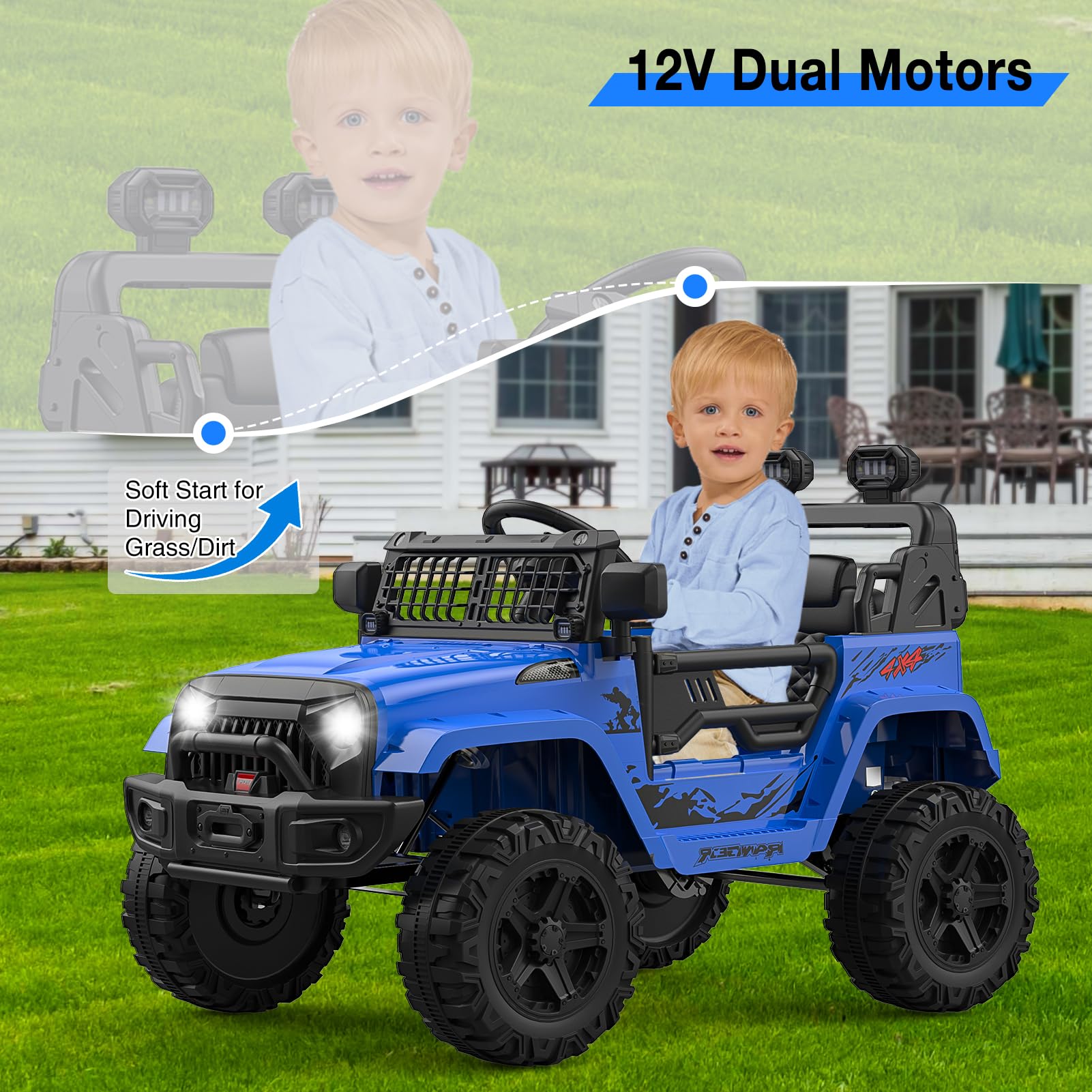 Garvee 12V Kids Electric Off-Road Car Blu con Telecomando e Bluetooth – SUV robusto per bambini e bambine dai 3 anni in su