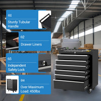 Carrello portautensili Garvee con 6 cassetti, ruote, serratura, acciaio per officina e garage, 24 pollici, nero
