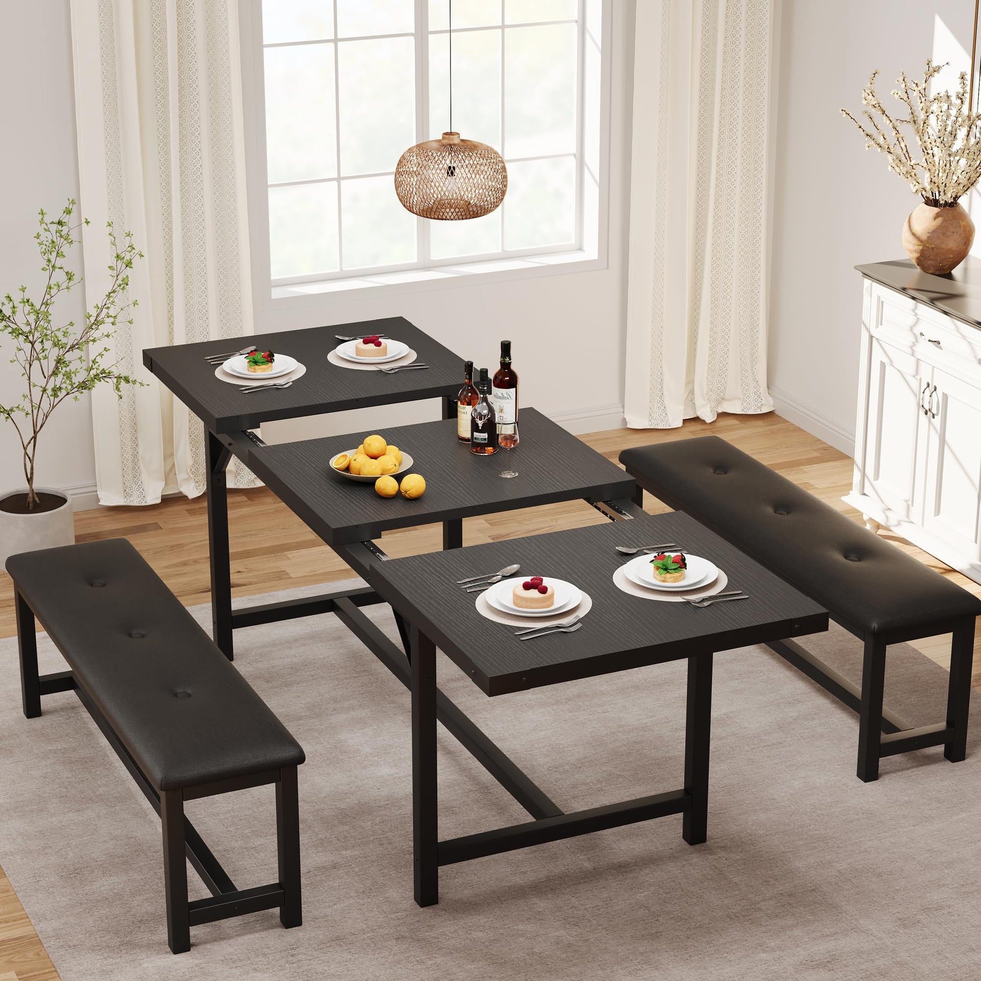 Tavolo da pranzo estensibile Garvee per 4-6 persone, 160 cm in legno, nero retrò, salvaspazio, stabile, facile da montare