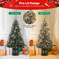 Albero di Natale vintage Garvee da 145 cm con struttura in metallo, 200 LED, 8 modalità, effetto cedro satinato, 4 bacche rosse e scatola luminosa con fiocchi di neve