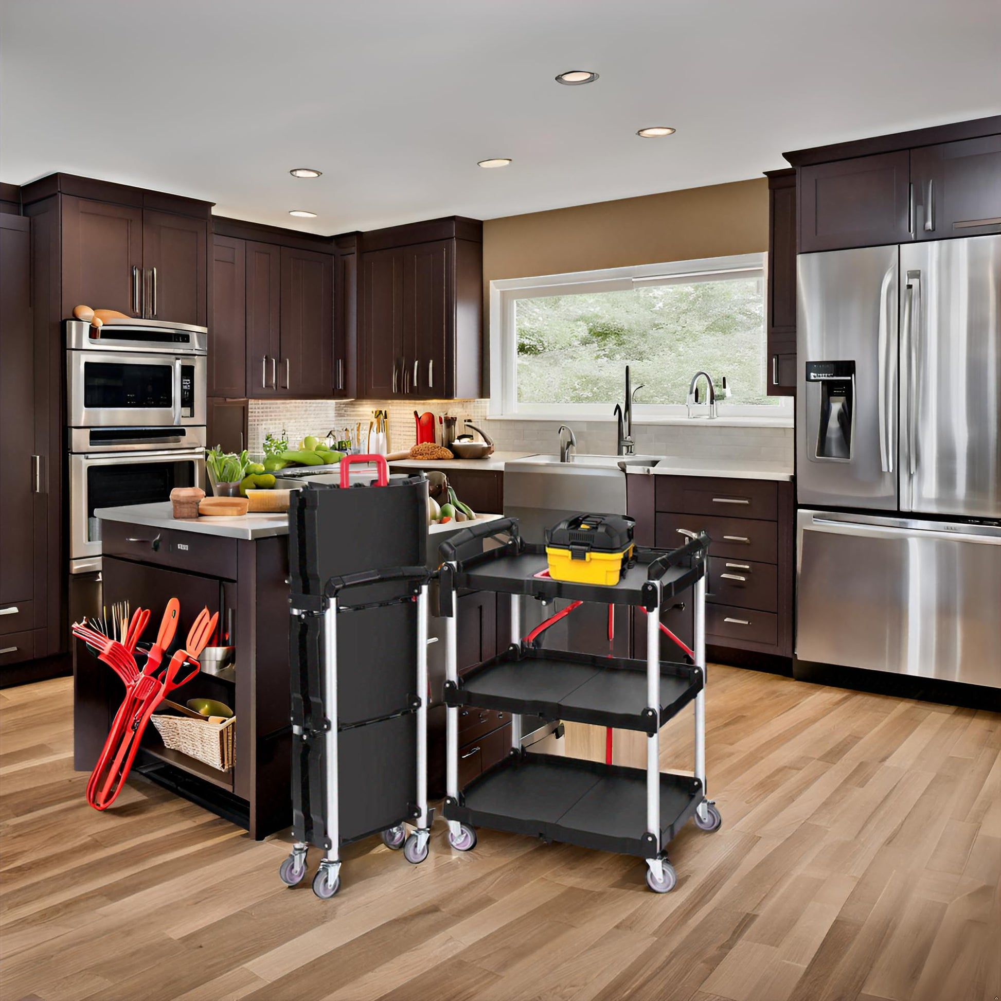 Carrello di servizio pieghevole Garvee, resistente, 176 libbre, con ruote girevoli a 360°, maniglia ergonomica, per ufficio e officina, telaio in alluminio, nero