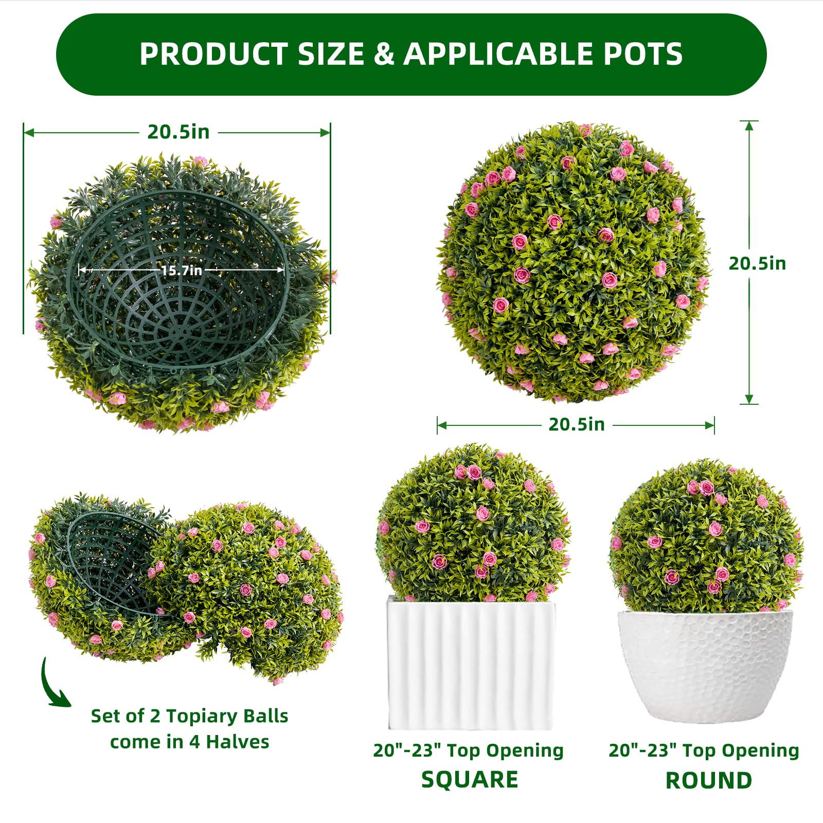 Palla di bosso artificiale Garvee da 20,5" con fiori rosa, materiale PE, per balcone e giardino, set da 2, senza manutenzione e durevole
