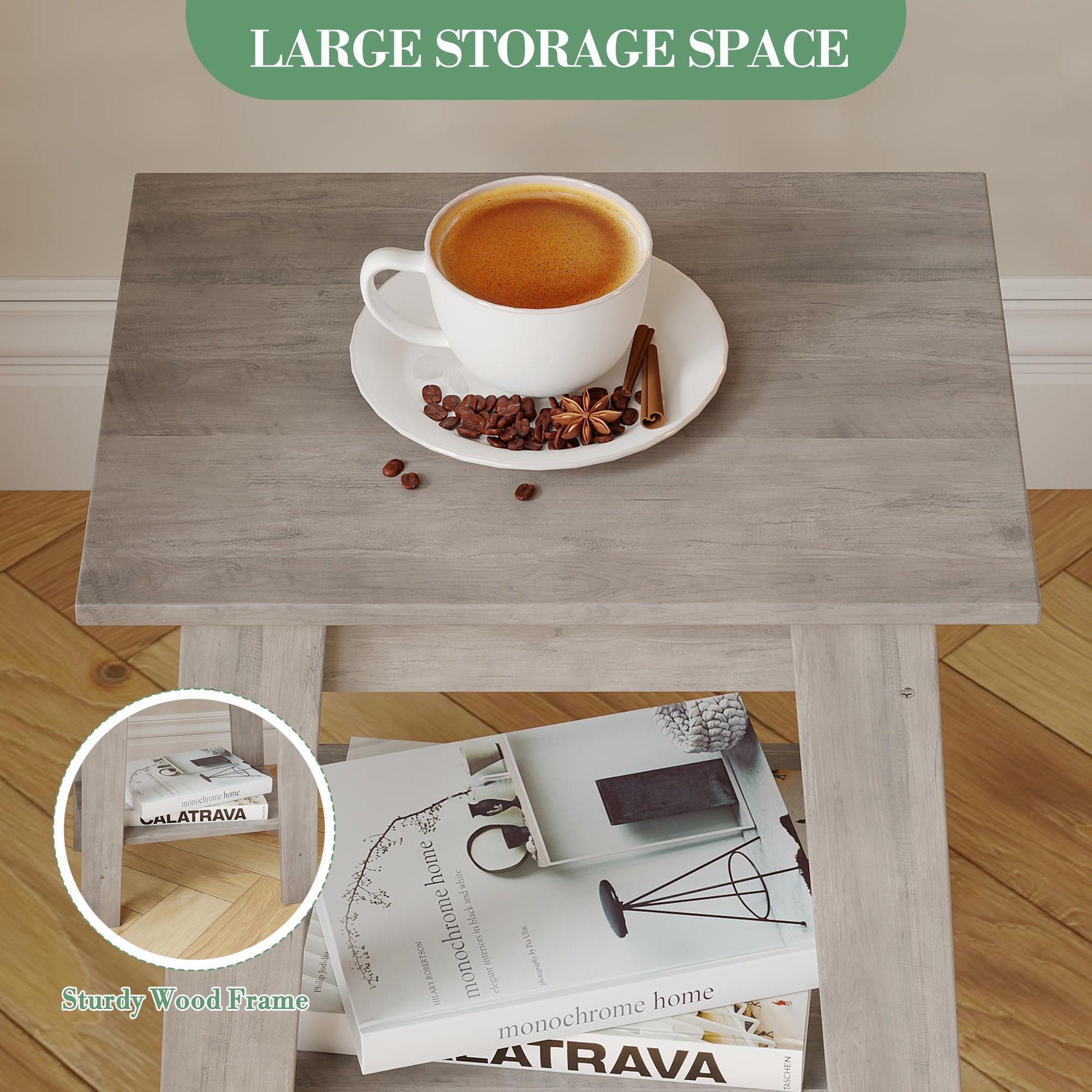 Tavolino da salotto Garvee Farmhouse con contenitore, tavolino rustico a 2 ripiani, in legno, grigio, per soggiorno e camera da letto