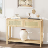 Garvee Tavolo Consolle Boho in Rattan con 2 Cassetti e 2 Ripiani per Ingresso e Soggiorno, Legno Ingegnerizzato, Design Stabile, Facile Montaggio, Burlywood