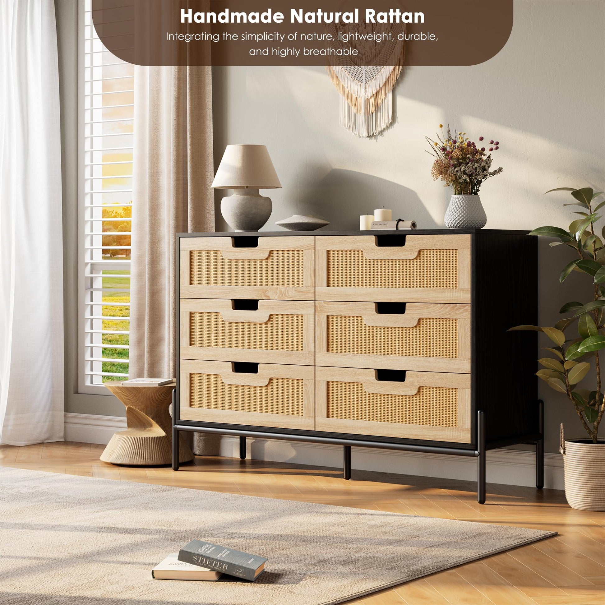 Cassettiera Garvee in rattan naturale con 6 cassetti, gambe in legno e metallo, per camera da letto e soggiorno, impermeabile, resistente, design moderno