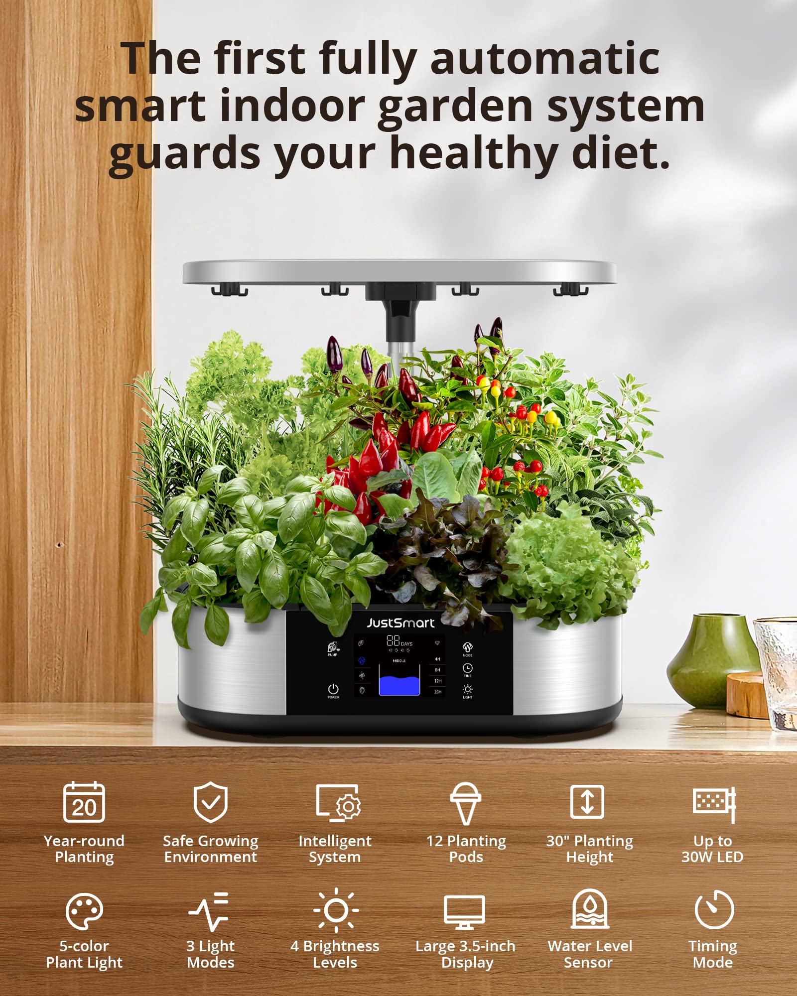 Garvee Sistema Idroponico Smart WiFi Garden 12 Pods con 5 Modalità LED 30W, Altezza Regolabile 20-76cm, Serra Interna per Erbe e Piante, Timer Automatico