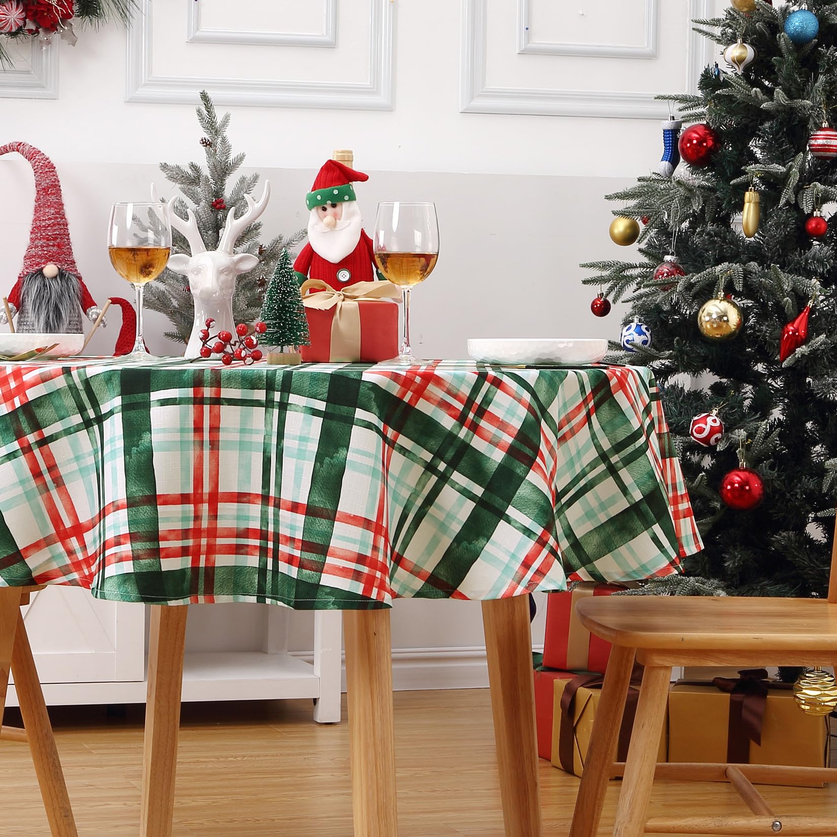 Tovaglia natalizia rotonda GARVEE, impermeabile, lavabile, a quadri rosso-verde, 152 cm, sala da pranzo, festiva