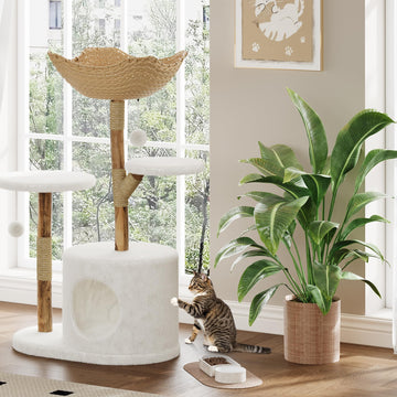 Tiragraffi in legno naturale Garvee da 43'' con cesto in rattan per soggiorno, stabile per gatti di grandi dimensioni, design moderno, morbido peluche