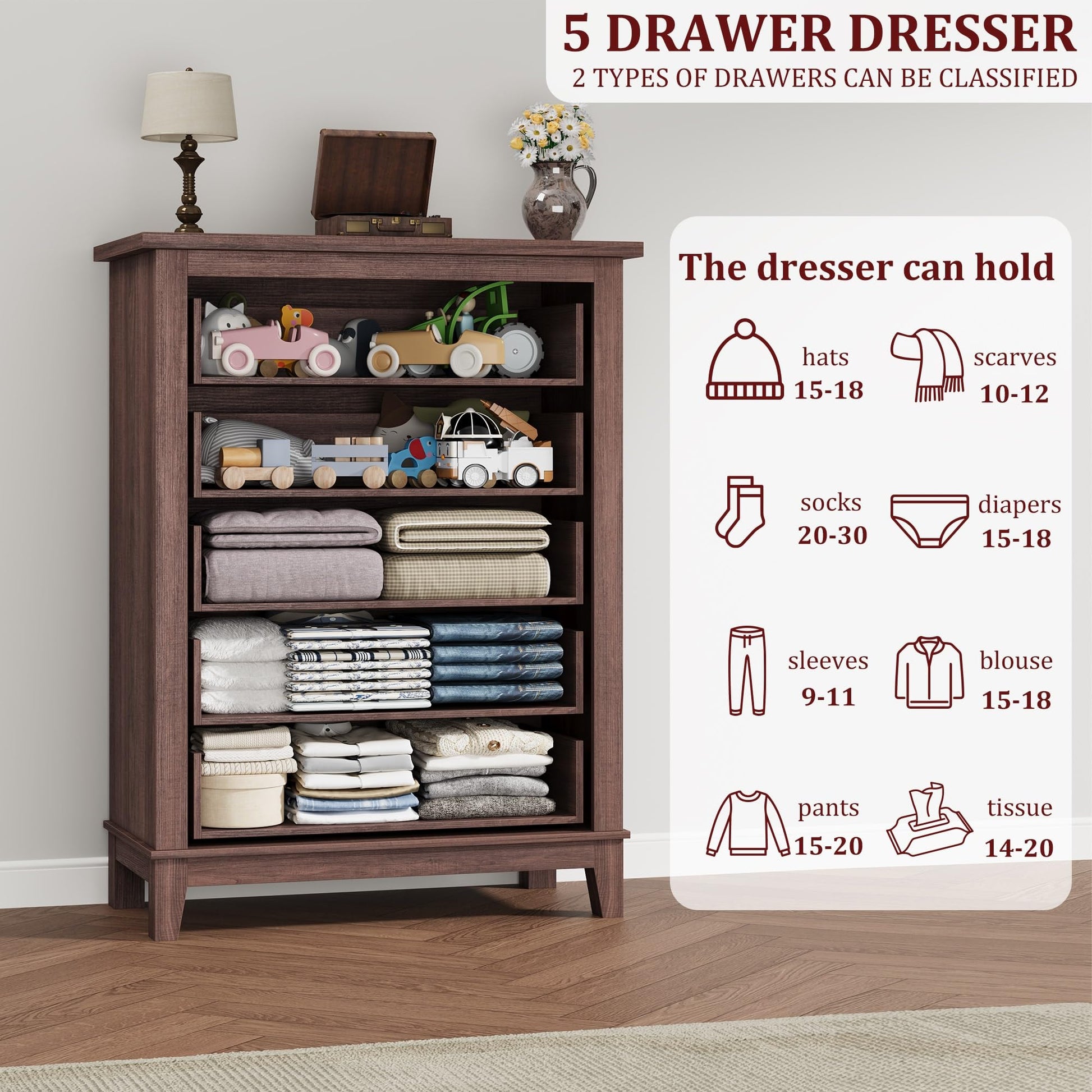 Cassettiera Garvee a 5 cassetti, in legno di noce, per camera da letto e soggiorno, grande, moderna, rustica, MDF, impermeabile, protezione antiribaltamento