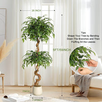 Albero di ficus artificiale Garvee da 5 piedi con tronco curvo, 1134+ foglie di seta, vaso bianco per ufficio e soggiorno