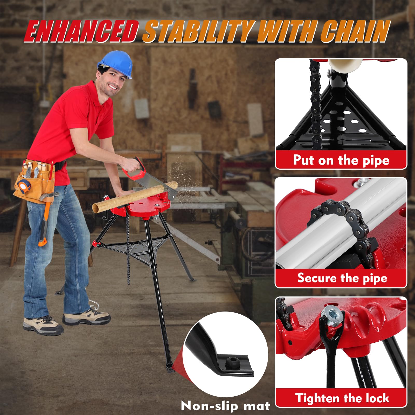 Supporto Morsa a Catena per Tubi Garvee con Treppiede - Gambe Acciaio Robusto, Pieghevole per Taglio e Filettatura 1/8-6" | Ideale per Festa del Papà