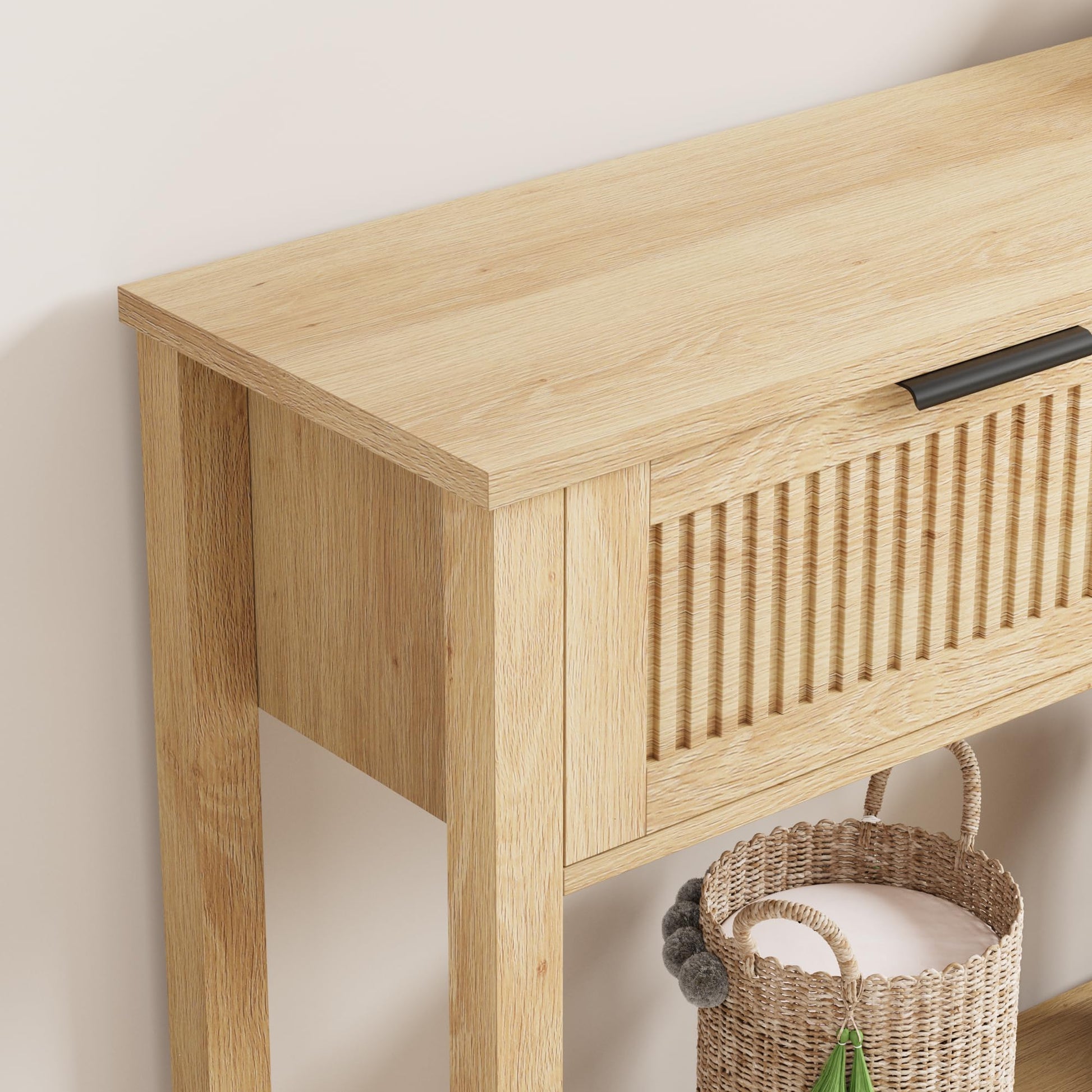 Tavolo da ingresso scanalato Garvee con 2 cassetti, consolle in legno per corridoio e soggiorno, 43,3x11,8x31,4 pollici, Burlywood