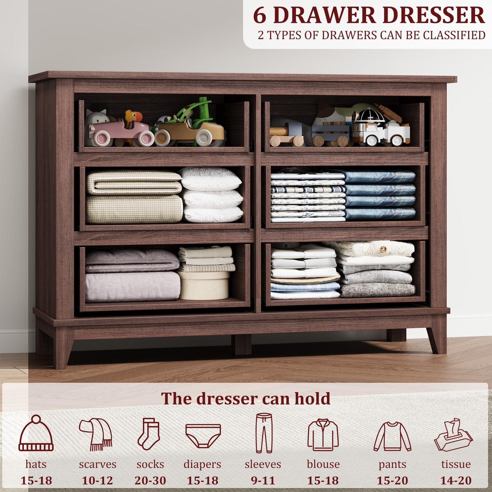 Cassettiera Garvee Farmhouse a 6 cassetti, in legno bianco, robusta, con ampio spazio di archiviazione per camera da letto, soggiorno, corridoio, 120x40,1x81,3 cm