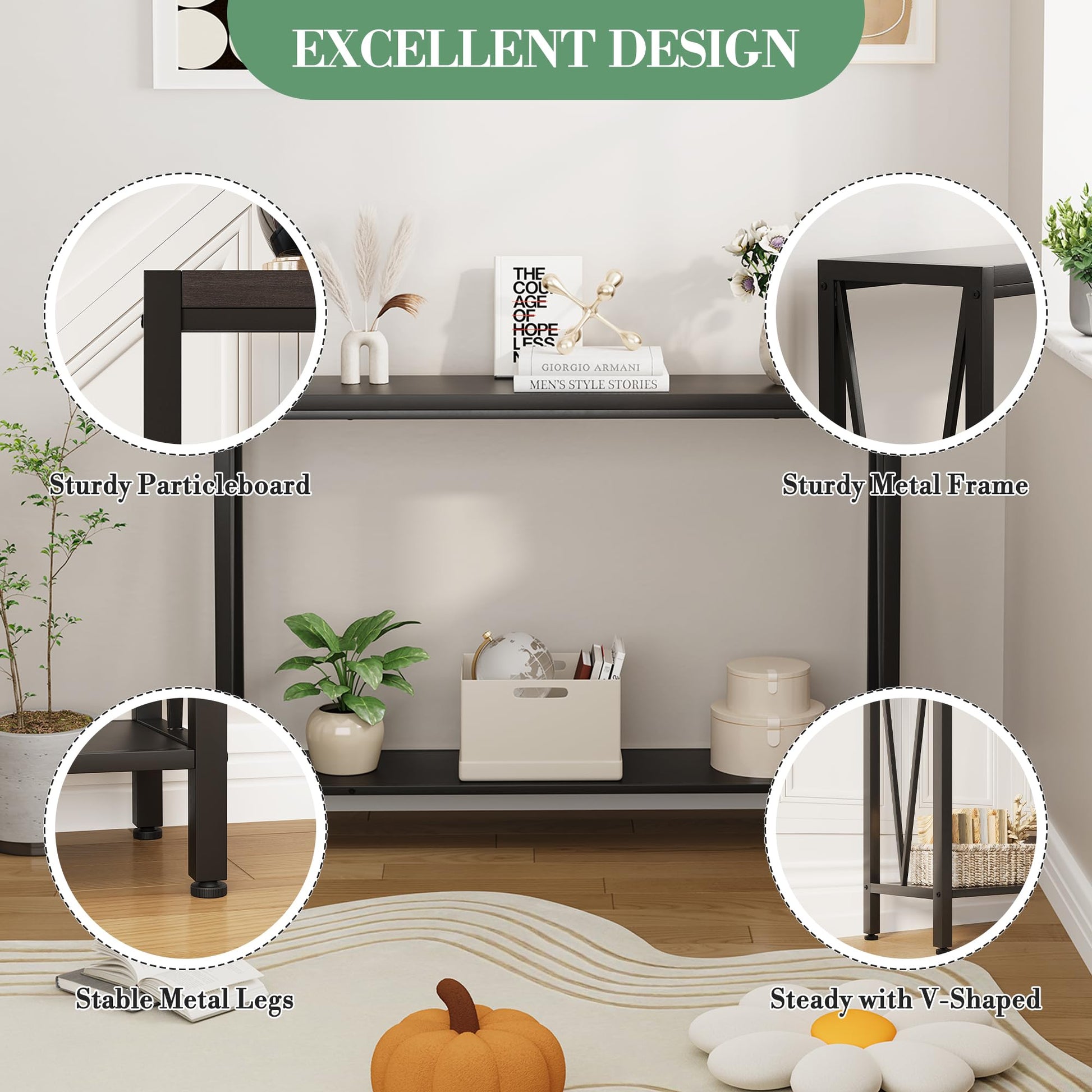 Tavolo consolle stretto a 2 ripiani Garvee per divano, ingresso, corridoio, soggiorno, 42.9x9.8x29.9 pollici, nero, salvaspazio, robusto