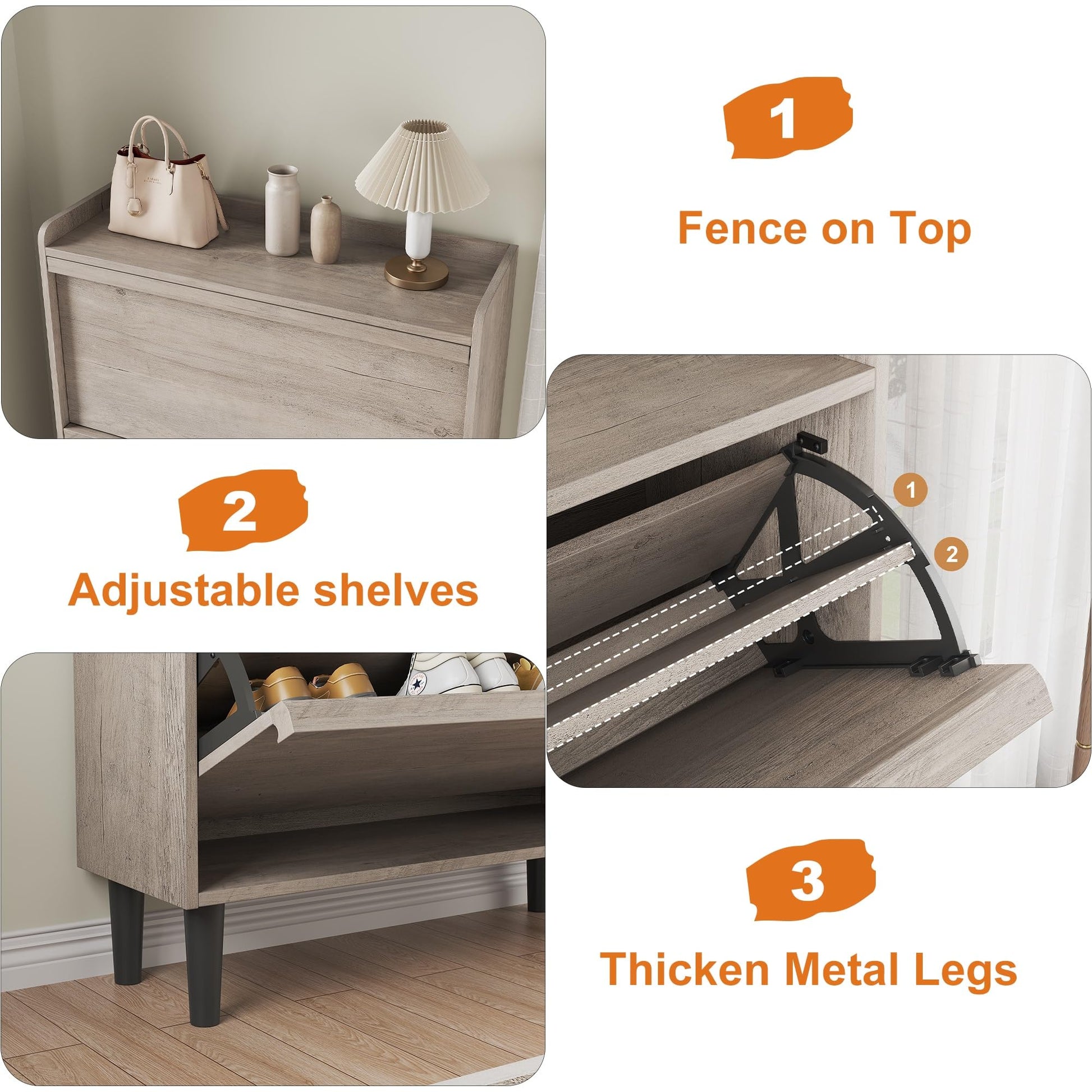 Scarpiera Garvee con 2 cassetti a scomparsa, ripiano regolabile, legno MDF, salvaspazio, robusta, grigia, per corridoio e soggiorno