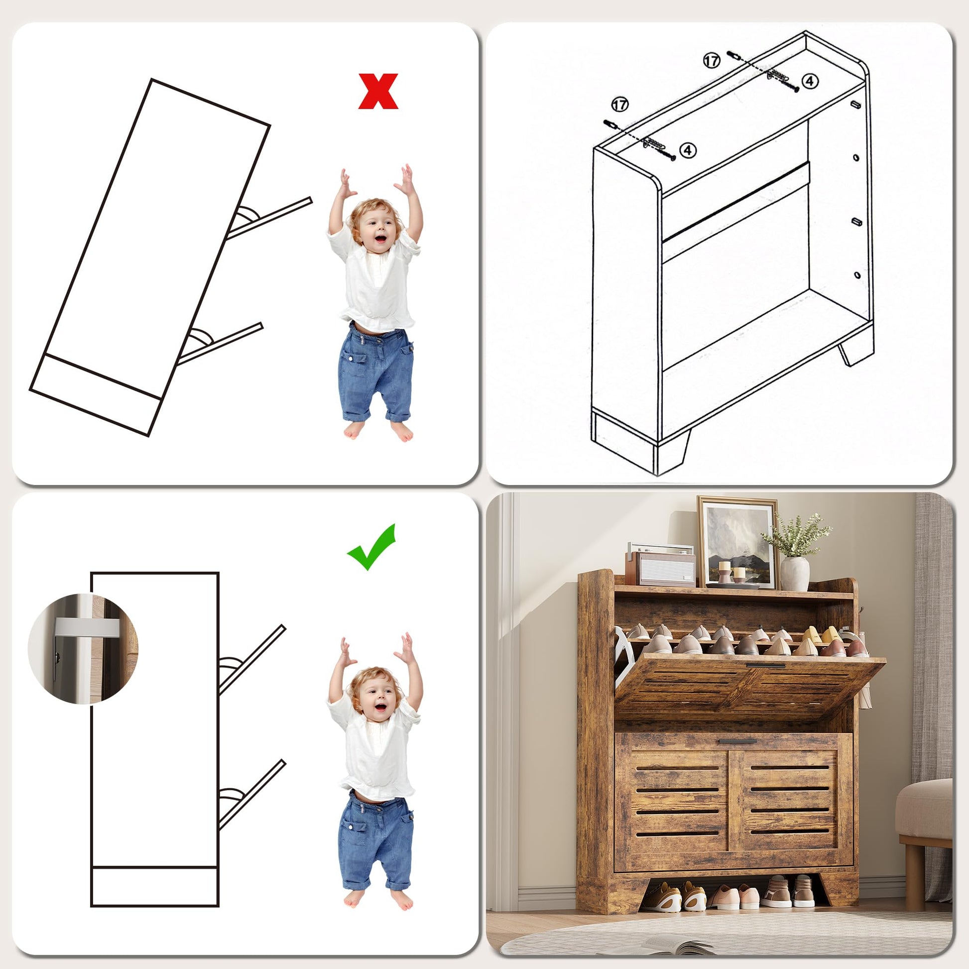 Scarpiera Garvee per corridoio con 2 cassetti a scomparsa, organizer per scarpe stretto in legno P2, ventilato, antigrafcio, con ganci per corridoioioio e garage, 13.8 pollici, color legno