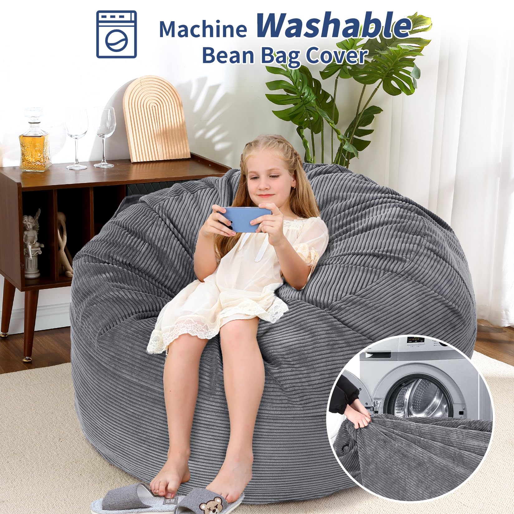 Poltrona a sacco Garvee per adulti, letto a sacco gigante trasformabile 2 in 1, rivestimento in velluto a coste lavabile, grigio chiaro, per soggiorno e camera da letto
